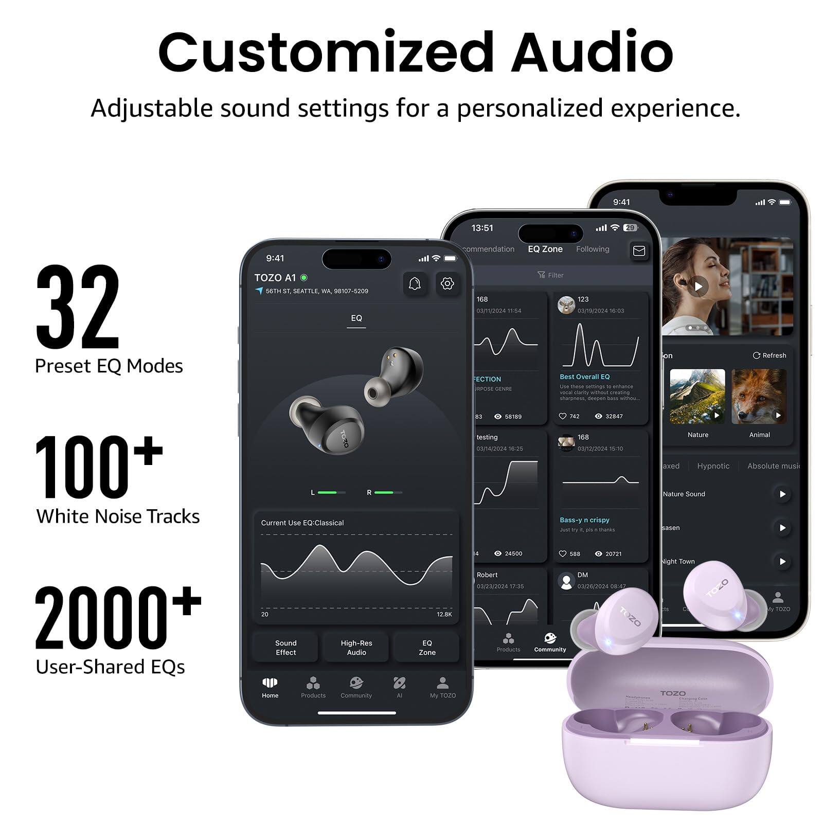 Customized Audio  
Adjustable sound settings for a personalized experience.  

32 Preset EQ Modes  
100+ White Noise Tracks  
2000+ User-Shared EQs  

TOZO A1  
58TH ST, SEATTLE, WA 98102-5200  

Current Use EQ: Classical  

13:51  
Recommendation  
EQ Zone  
Following  

168  
123  
samuroza  
104  
58/2024  

18:00  
FECTION  
Best Overall EQ  
Sound  
High-Res Audio  

168  
03/4/3004  
1825  
13/2024  
5/0  

Bass-y & crispy  
Refresh Nature  
Hypnotic  
Absolute music  

Robert DM  
03/23/2024 17:3  
0/2200  
042  

Proburts Community  
Sight Toxma  
Some Poturn Community  

TOZO  
TOZO