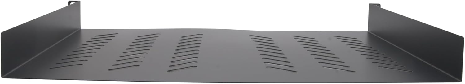 Back. Cables Direct Online - 1U 19" Vented Server Rack Shelf – 14" (350mm) Deep No-Lip Universal Mount Tray, 11 lb Capacity - Black.