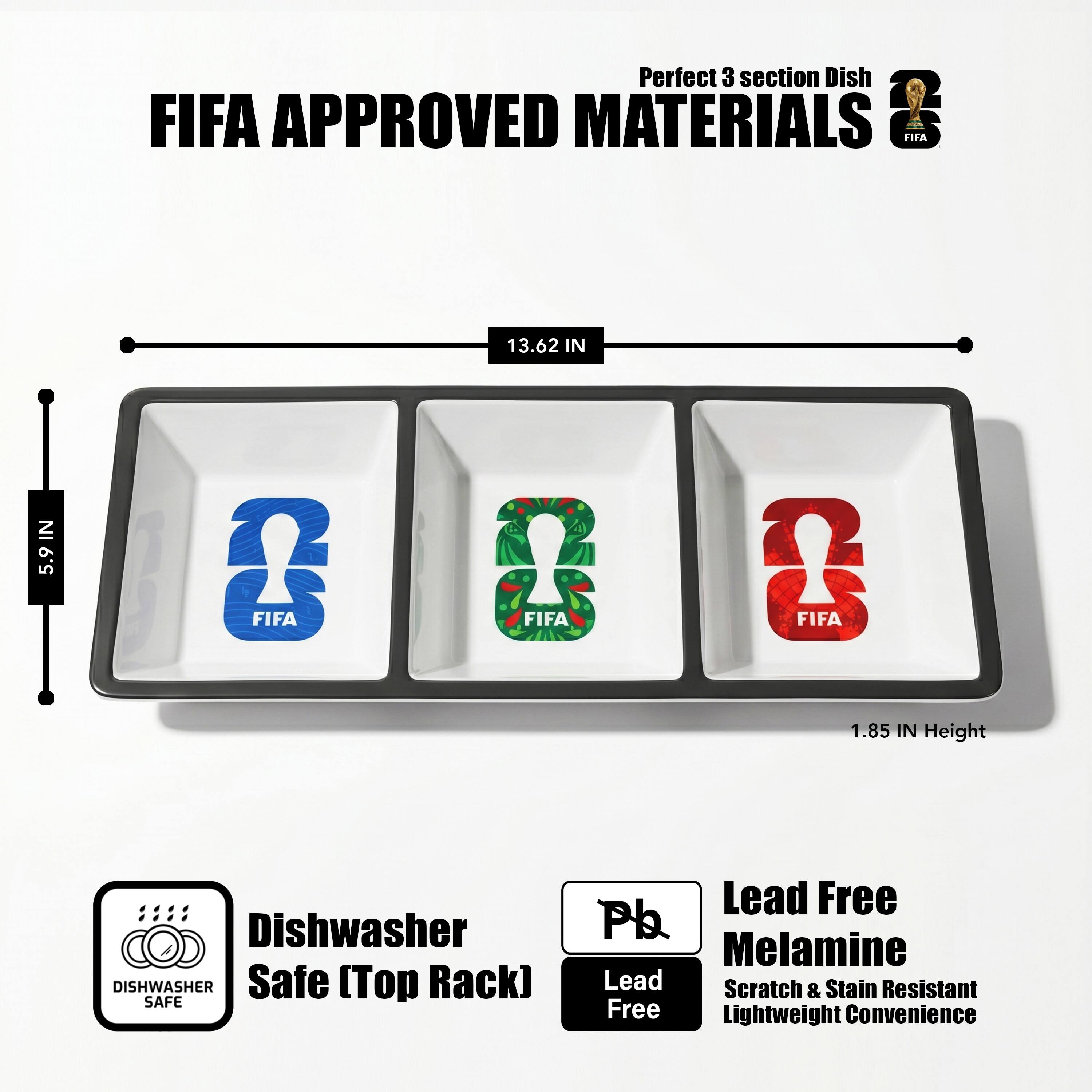 Perfect 3 section Dish FIFA APPROVED MATERIALS. FIFA 13.62 IN x 5.9 IN & FIFA 1.85 IN Height. Dishwasher Safe (Top Rack). Lead Free Pb Melamine. Scratch & Stain Resistant. Lightweight. Convenience.