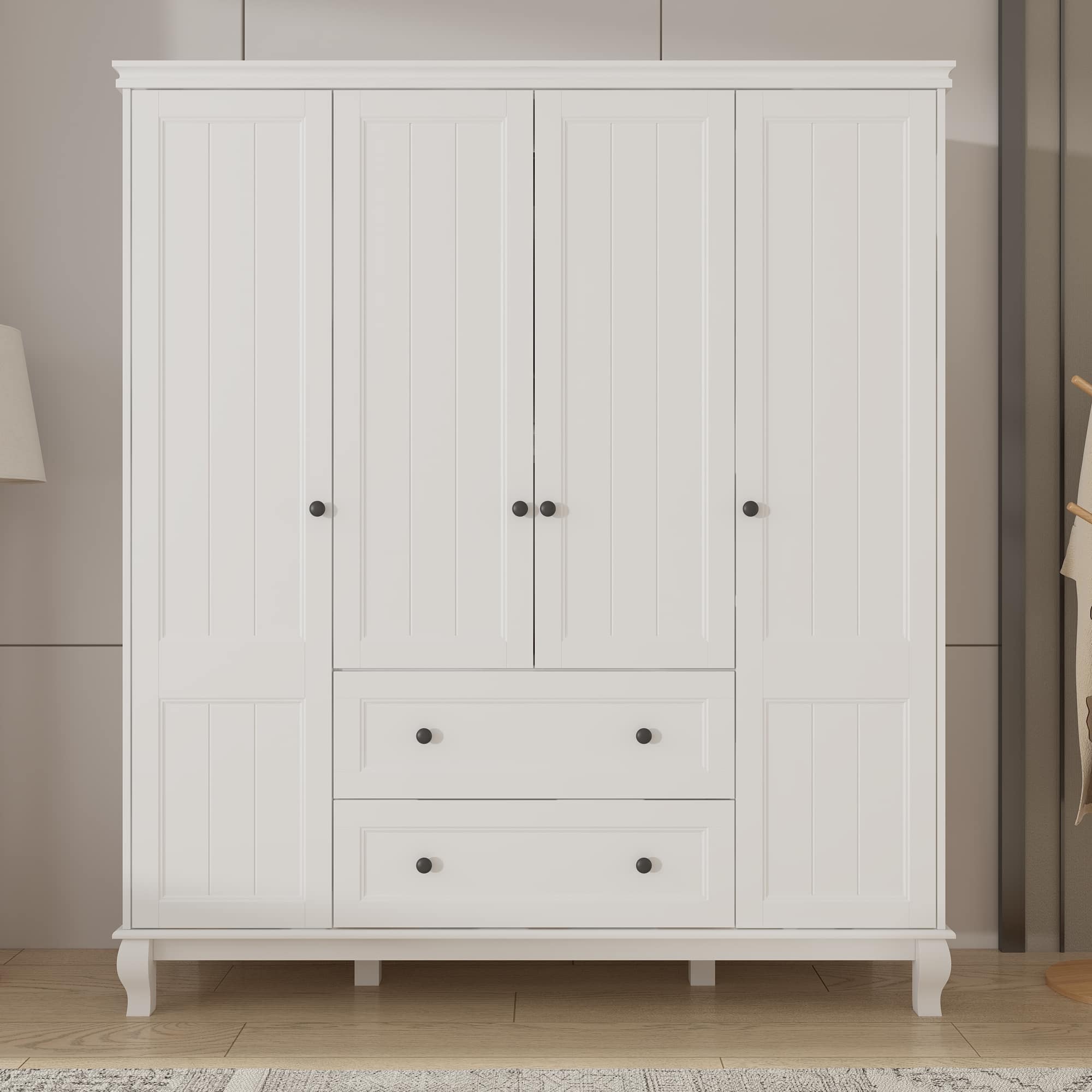 FUFU & GAGA - FUFU&GAGA Freestanding Wardrobe with Textured Finish & Solid Wood Legs Armoires - Spacious Storage for Bedroom - White