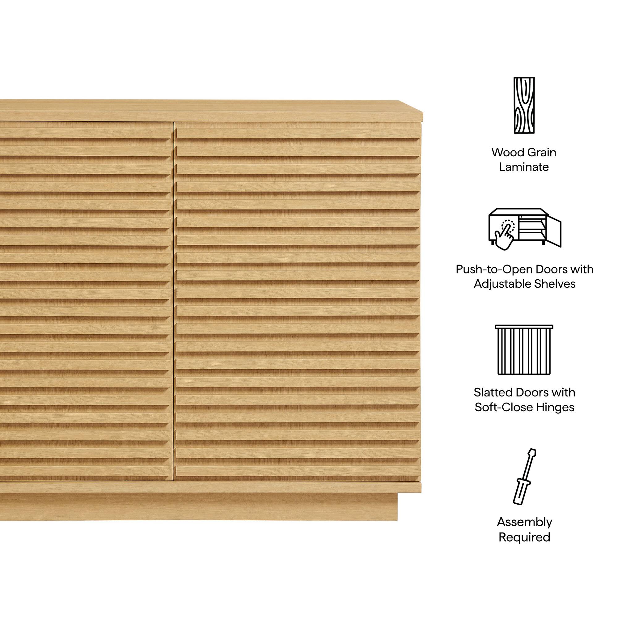 Wood Grain Laminate  
Push-to-Open Doors with Adjustable Shelves  
Slatted Doors with Soft-Close Hinges  
Assembly Required
