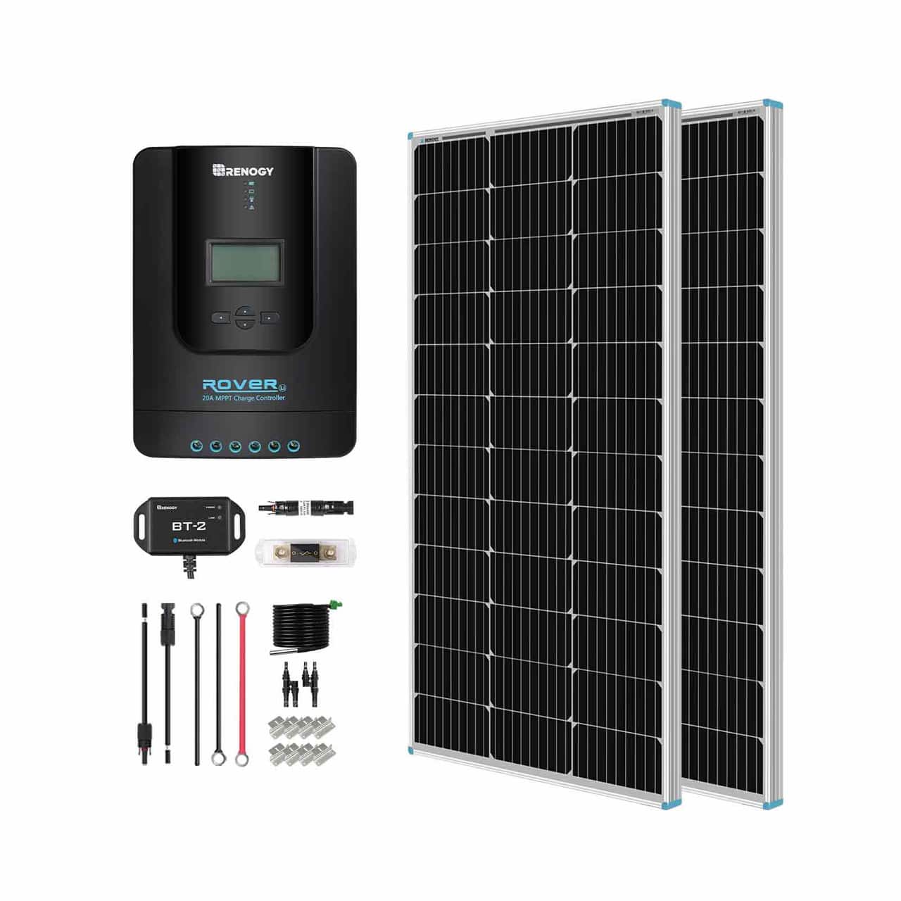 Renogy - 200 Watt 12 Volt Monocrystalline Solar Kit w/ 2 Pcs 100W Solar Panel and 20A MPPT Charge Controller - Black - Front_Zoom