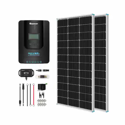 The image features a solar panel, a charge controller, and a Renogy brand inverter. The solar panel is designed to provide power to the charge controller, which in turn charges the battery. The inverter is used to convert the power from the battery into AC power for use in various devices. The solar panel, charge controller, and inverter are all displayed next to each other, showcasing the components of a solar power system.