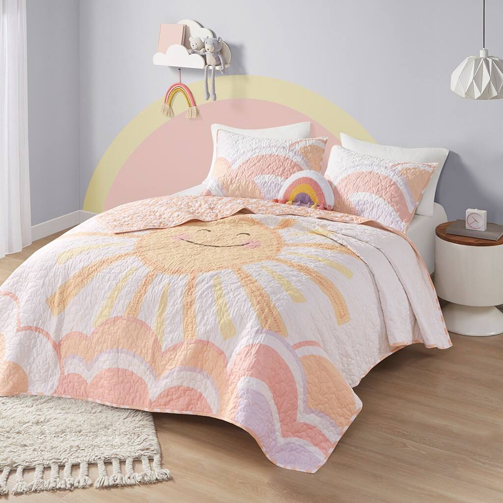 Alt View 1. Gracie Mills - Gracie Mills Singleton Sunny Days Reversible Cotton Quilt Set with Throw Pillow - Yellow/Coral.