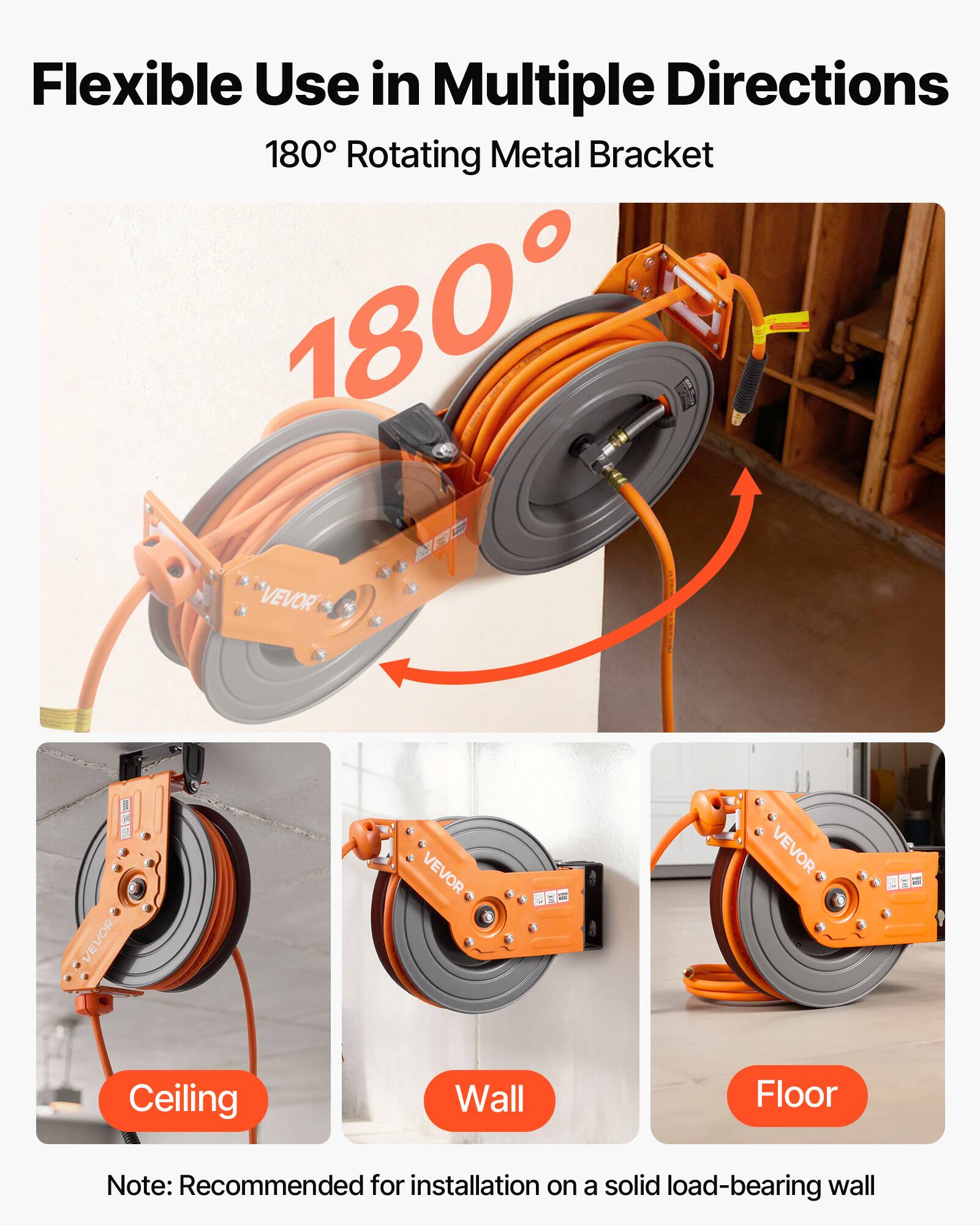 Flexible Use in Multiple Directions  
180° Rotating Metal Bracket  

180°  

CEILING  
WALL  
FLOOR  

Note: Recommended for installation on a solid load-bearing wall