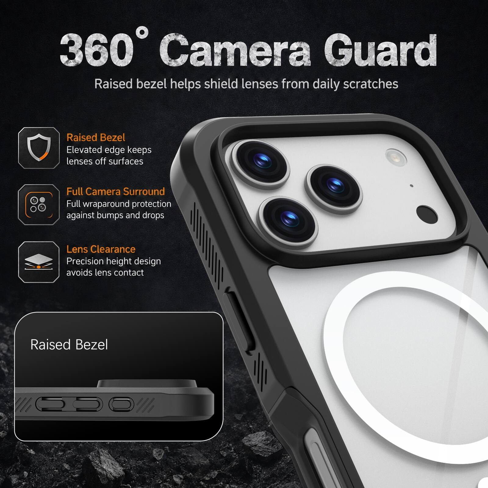 360° Camera Guard  
Raised bezel helps shield lenses from daily scratches  

Raised Bezel  
Elevated edge keeps lenses off surfaces  

Full Camera Surround  
Full wraparound protection against bumps and drops  

Lens Clearance  
Precision height design avoids lens contact  

Raised Bezel