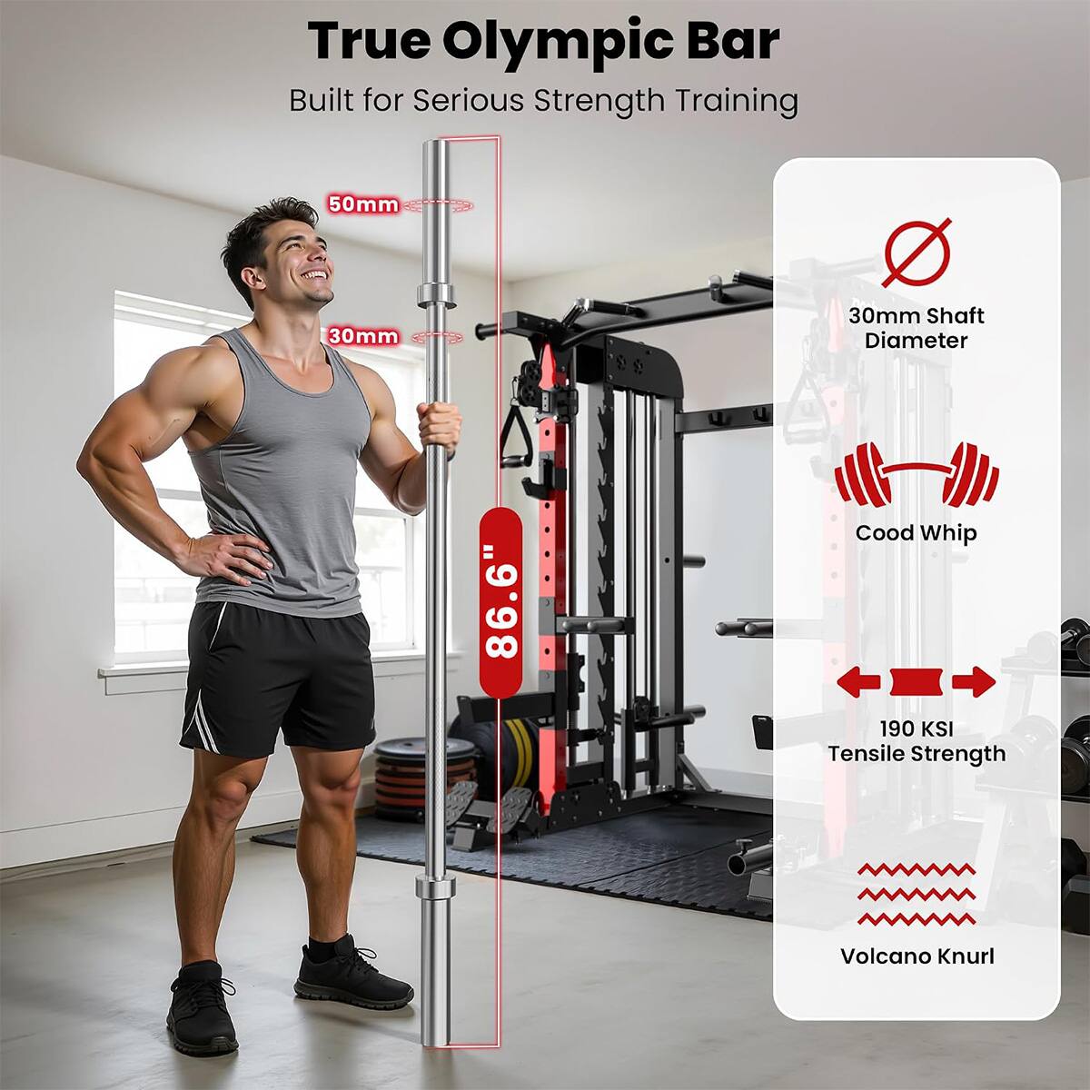 True Olympic Bar  
Built for Serious Strength Training  

50mm  
30mm  
30mm Shaft Diameter  
86.6"  
Cood Whip 190 KSI Tensile Strength  
Volcano Knurl