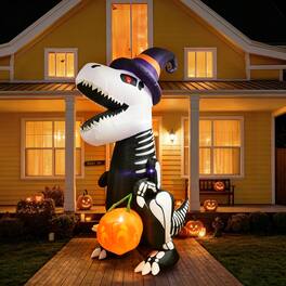 Joyfy - 8FT Inflatable Skeleton Dinosaur with Pumpkin – Halloween Outdoor Decoration for Yard, Garden & Lawn Displays - White+black