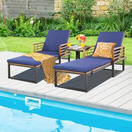 Gymax - 2 Pieces Outdoor Chaise Lounge Chair w/ 4-Position Adjustable Backrest Backyard Poolside - Navy, Natural, Black