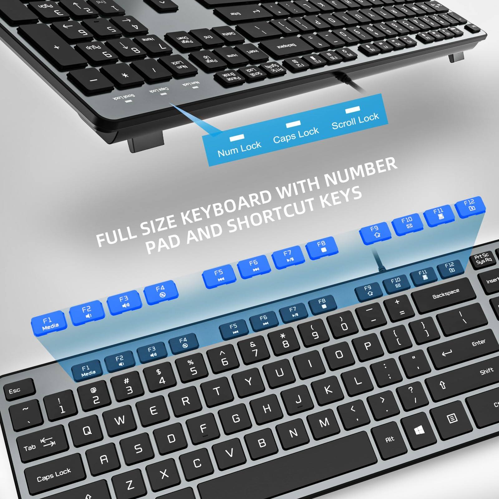 FULL SIZE KEYBOARD WITH NUMBER PAD AND SHORTCUT KEYS

Num Lock Caps Lock Scroll Lock

F1 Media
F2
F3
F4
F5
F6
F7
F8
F9
F10
F11
F12

Esc
1
2
3
4
5
6
7
8
9
0
-
=
Backspace

Tab
Q
W
E
R
T
Y
U
I
O
P
[
]
Enter

Shift
A
S
D
F
G
H
J
K
L
;
'
Shift

Caps Lock
Z
X
C
V
B
N
M
,
.
Alt

Ctrl
