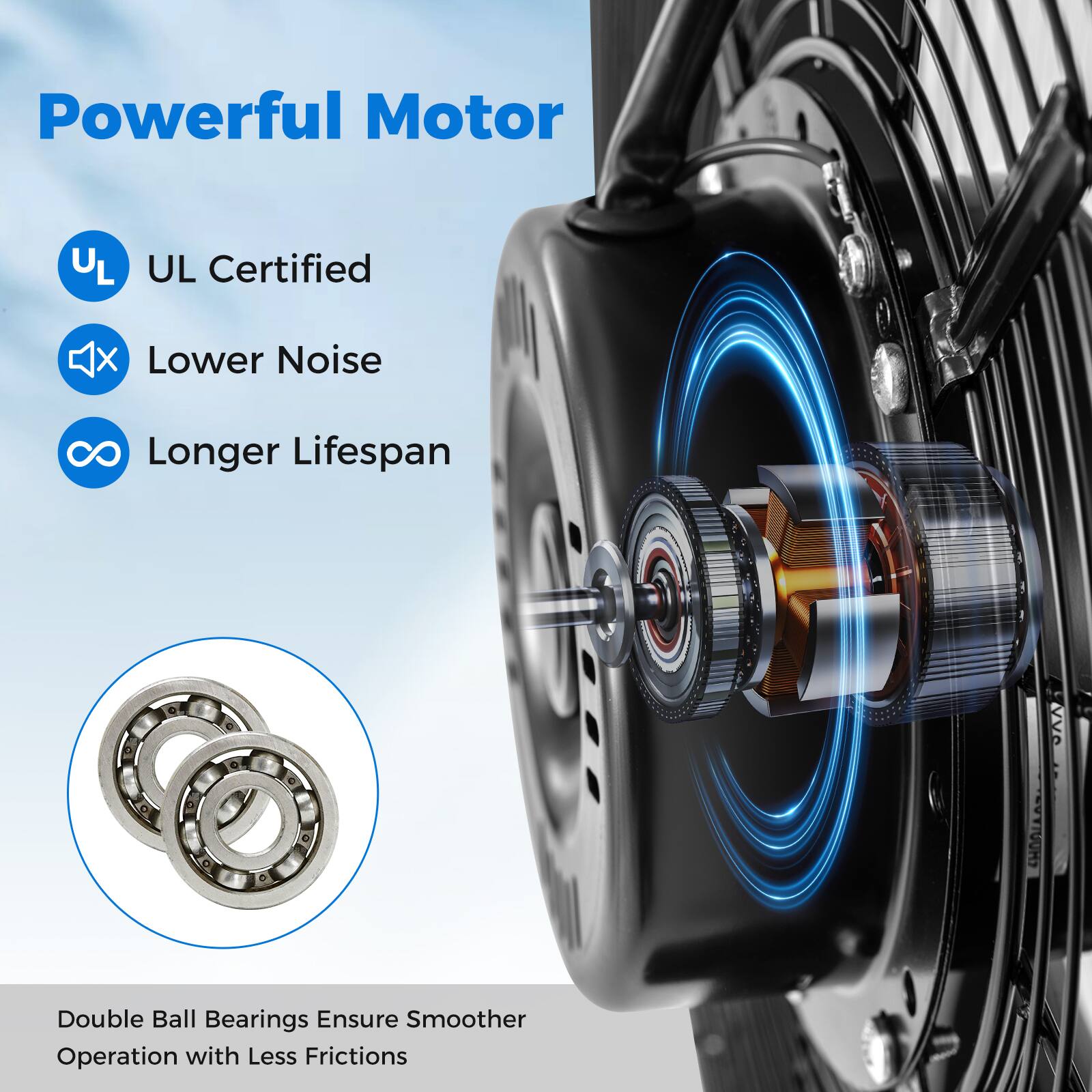 Powerful Motor

UL Certified
Lower Noise
Longer Lifespan

Double Ball Bearings Ensure Smoother Operation with Less Frictions