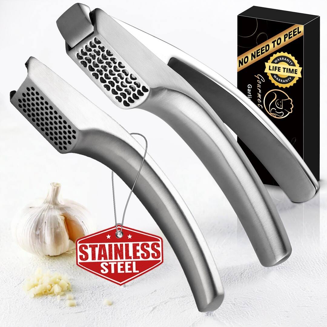Front. Gourmet Easy - No Peeling Required Garlic Press Stainless Steel with Detachable Handle for Fine Mincing-Premium Garlic Mincer Tool - Stainless Steel.
