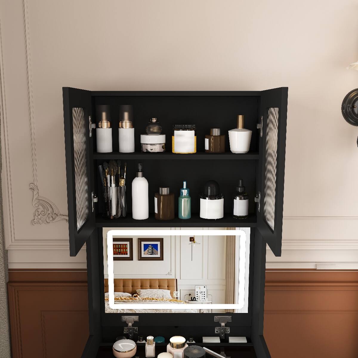 Alt View 10. Loheer - Loheer 3-in-1 Vanity Table with LED Mirror, Black Flip-Top Bedroom Storage and Cushioned Stool - Black.