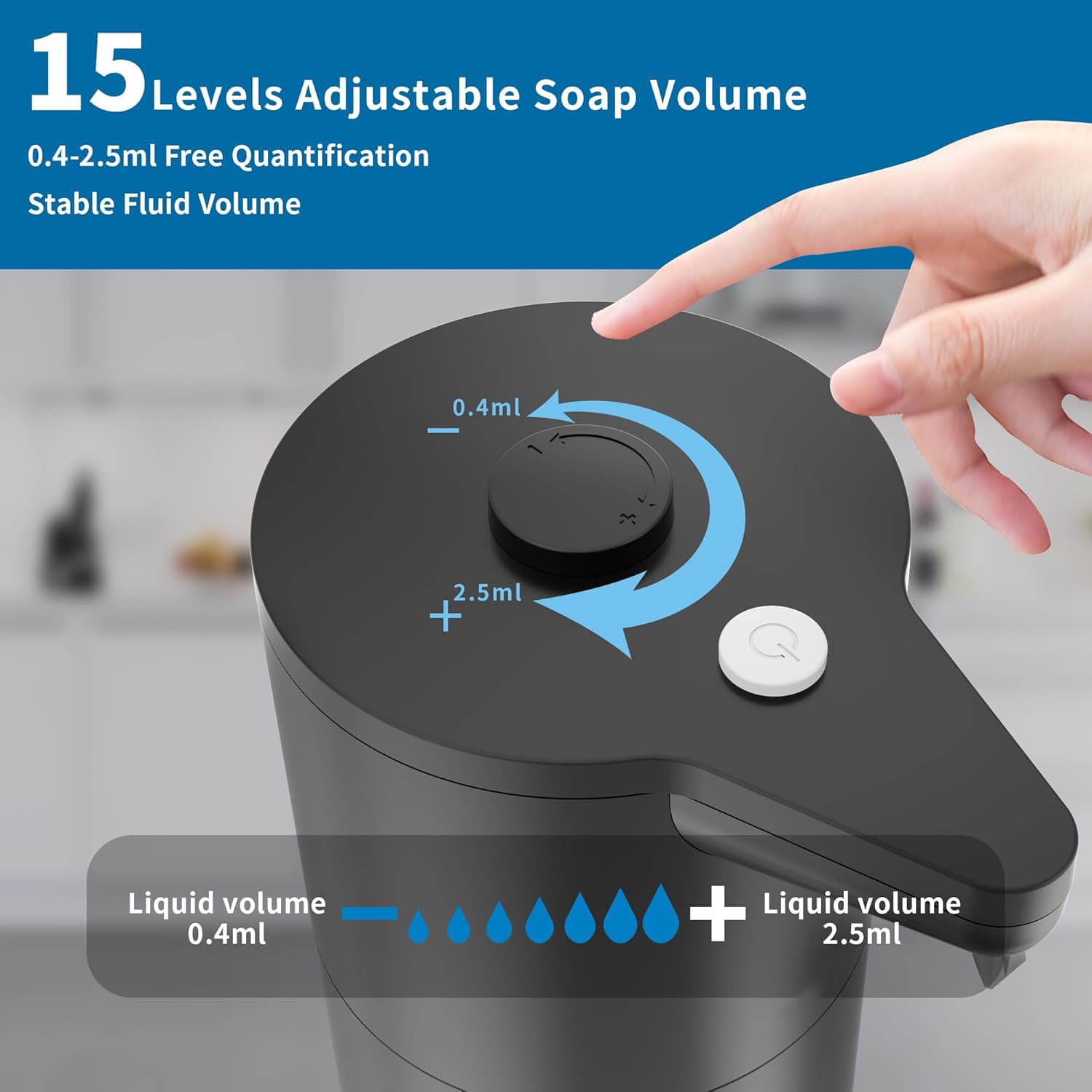 15 Levels Adjustable Soap Volume  
0.4-2.5ml Free Quantification  
Stable Fluid Volume  

Liquid volume 0.4ml  
Liquid volume 2.5ml