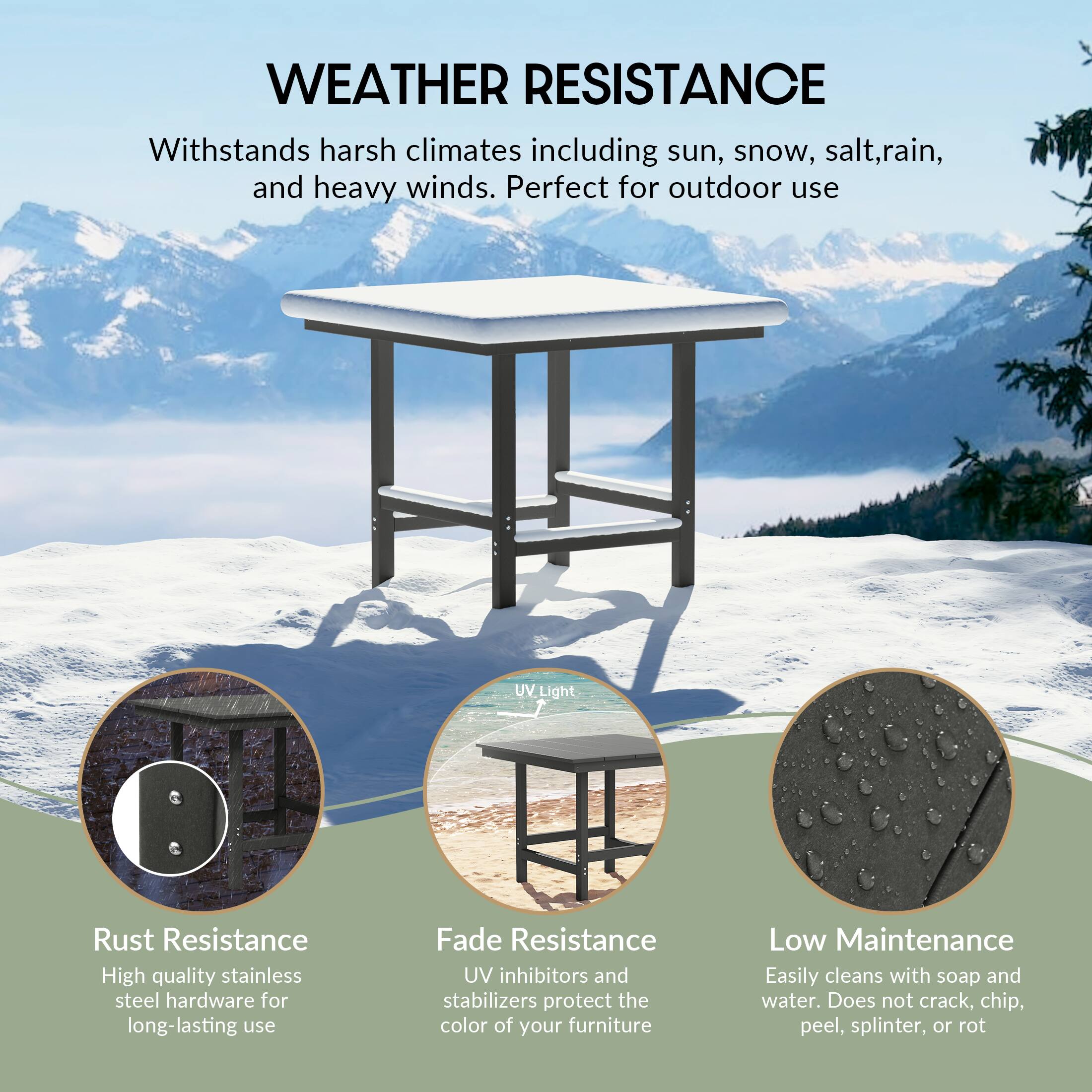 WEATHER RESISTANCE

Withstands harsh climates including sun, snow, salt, rain, and heavy winds. Perfect for outdoor use

UV Light

Rust Resistance
High quality stainless steel hardware for long-lasting use

Fade Resistance
UV inhibitors and stabilizers protect the color of your furniture

Low Maintenance
Easily cleans with soap and water. Does not crack, chip, peel, splinter, or rot