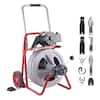 Front. VEVOR - Drain Cleaner Machine 75 FT x 1/2 Inch, Auto Feed Sewer Snake Drain Auger on Wheels, Portable Drain Cleaning Machine - Red stand + gray drum.