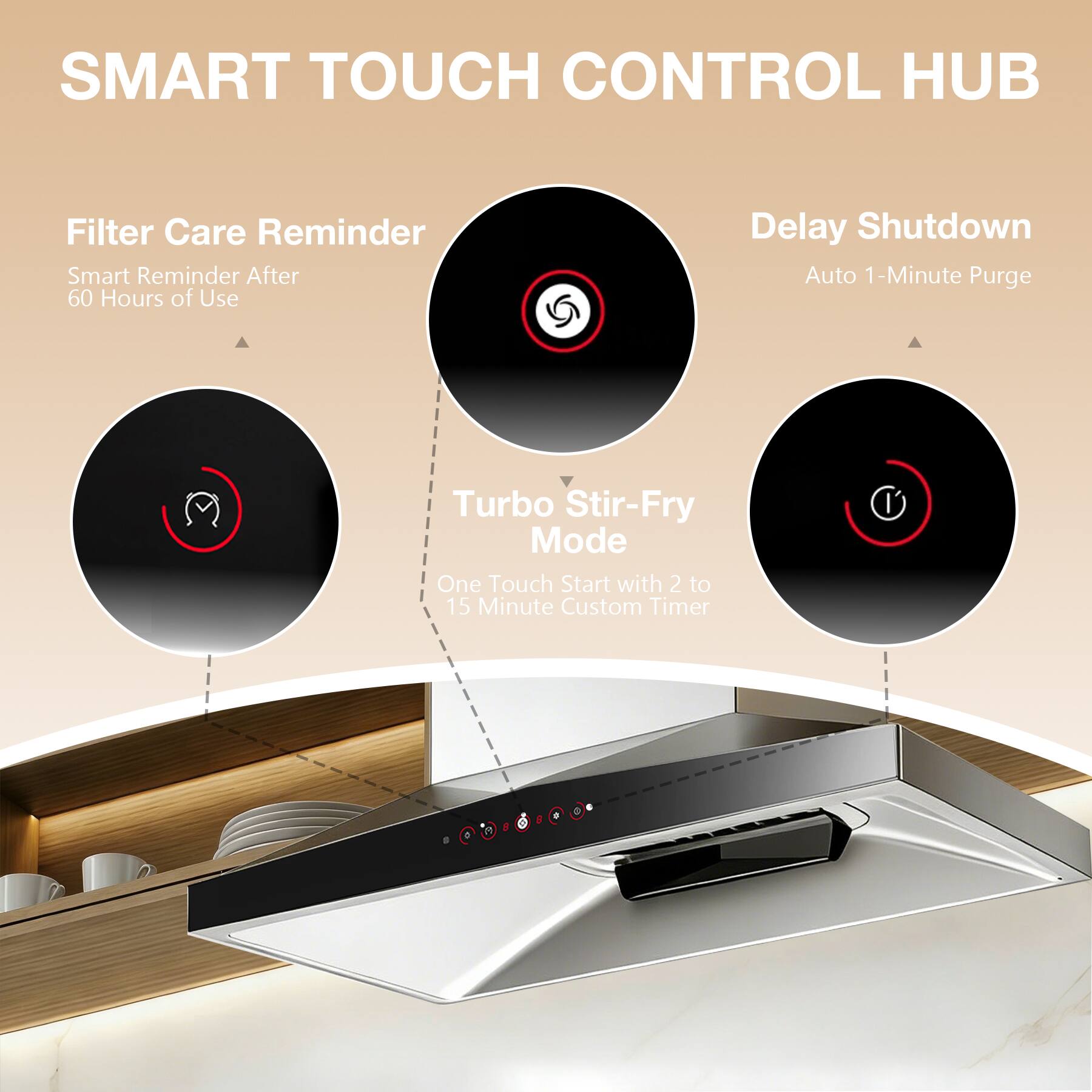 SMART TOUCH CONTROL HUB

Filter Care Reminder
Smart Reminder After 60 Hours of Use

Delay Shutdown
Auto 1-Minute Purge

Turbo Stir-Fry Mode
One Touch Start with 2 to 15 Minute Custom Timer