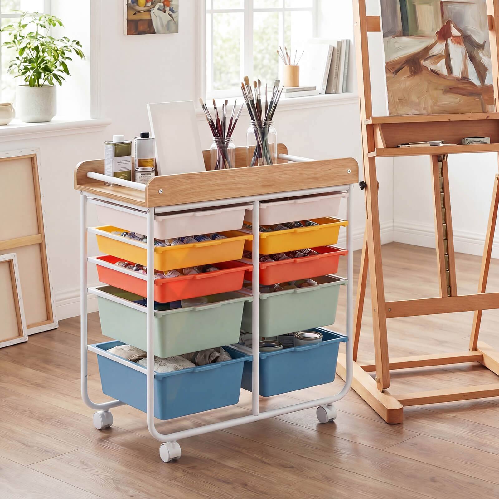 Alt View 4. Costway - Costway 10-Drawer Rolling Art & Craft Storage Cart with Wooden Tabletop, Lockable Wheels, Metal Frame & Handles - Natural + Macaron.