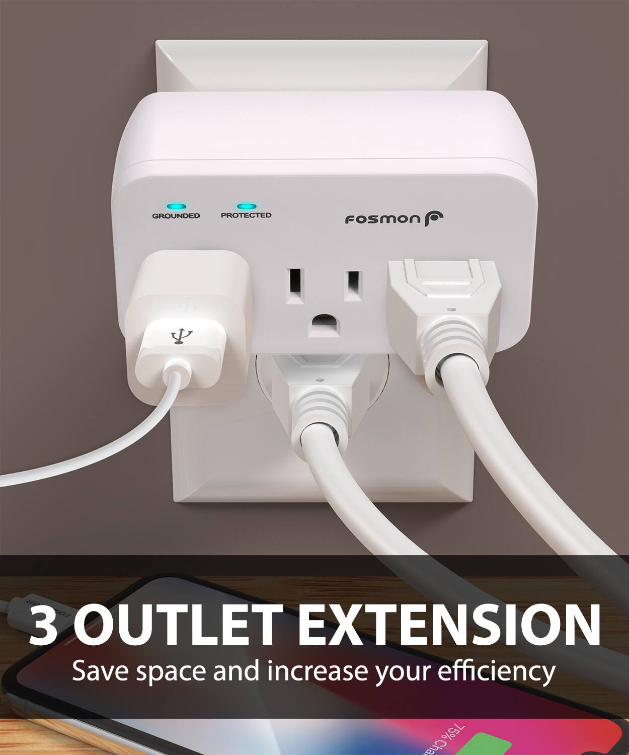 GROUNDED PROTECTED Fosmon 3 OUTLET EXTENSION Save space and increase your efficiency 75%