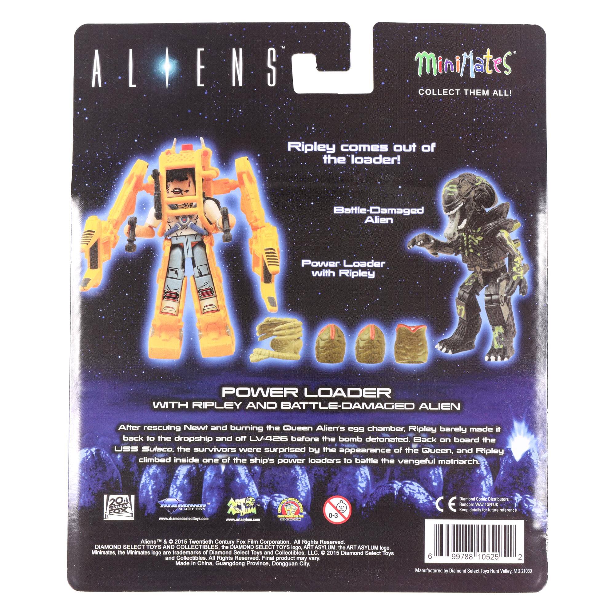 **ALIENS**

**MiniMates**
COLLECT THEM ALL!

**Ripley comes out of the loader!**

**Battle-Damaged Alien**

**Power Loader with Ripley**

**POWER LOADER WITH RIPLEY AND BATTLE-DAMAGED ALIEN**

After rescuing Newt and burning the Queen Alien's egg chamber, Ripley barely made it back to the dropship and off LV-426 before the bomb detonated. Back on board the USS Sulaco, the survivors were surprised by the appearance of the Queen, and Ripley climbed inside one of the ship's power loaders to battle the vengeful matriarch.

**20th Century Fox Fan Corporation All Rights Reserved**

**DIAMOND SELECT TOYS AND COLLECTIBLES**

**the ART ASYLUM logo, the Minimates logo are trademarks of Diamond Select Toys and Collectibles, LLC. 2018 Diamond Select Toys and Collectibles, LLC. All Rights Reserved.**

**Final product may vary. Made in China, Guangdong Province, Dongguan City**

**Barcode: 99788 10525**

**Manufactured by Diamond Select Toys, Hurst Valley, MD 21000