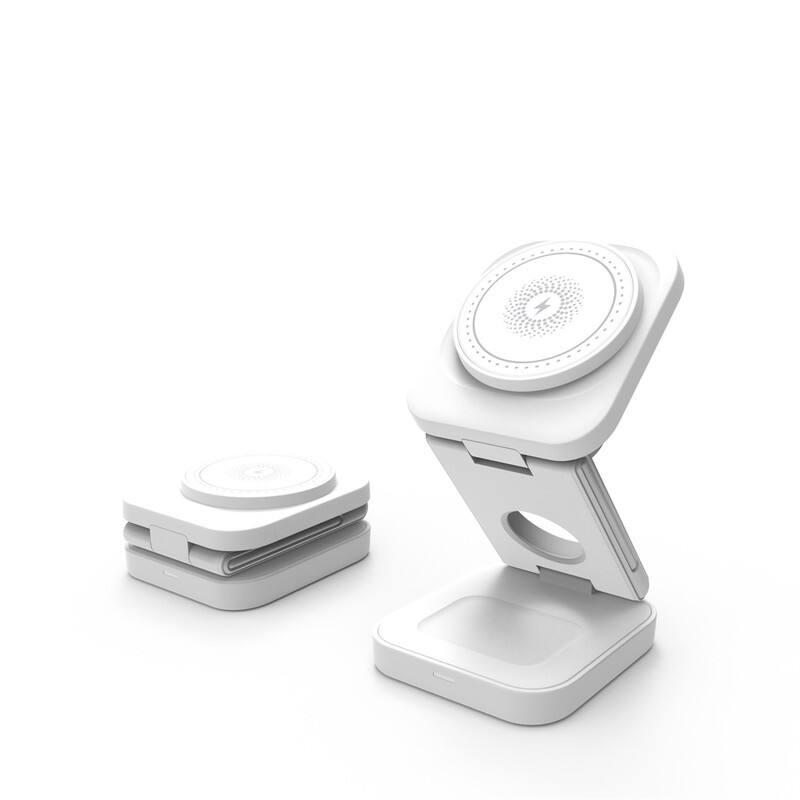 Angle. RISOKEYS - MagSafe 3-in-1 Magnetic Wireless Charger - Foldable Power Adapter for Phone, Watch, and Earphone, 15W Charging Stand - White.