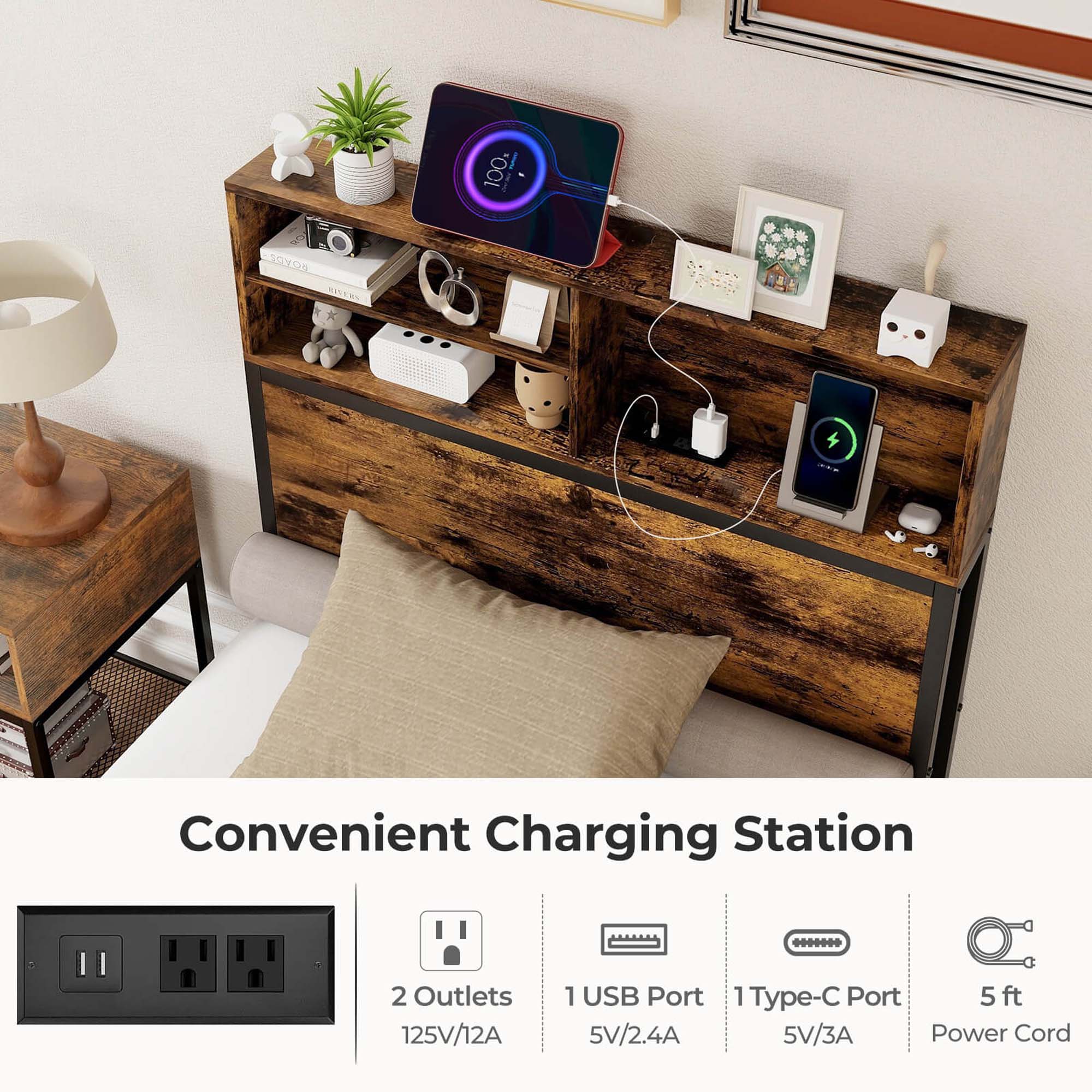 Convenient Charging Station 2 Outlets 125V/12A 1 USB Port 1 Type-C Port 5 ft 5V/2.4A 5V/3A Power Cord