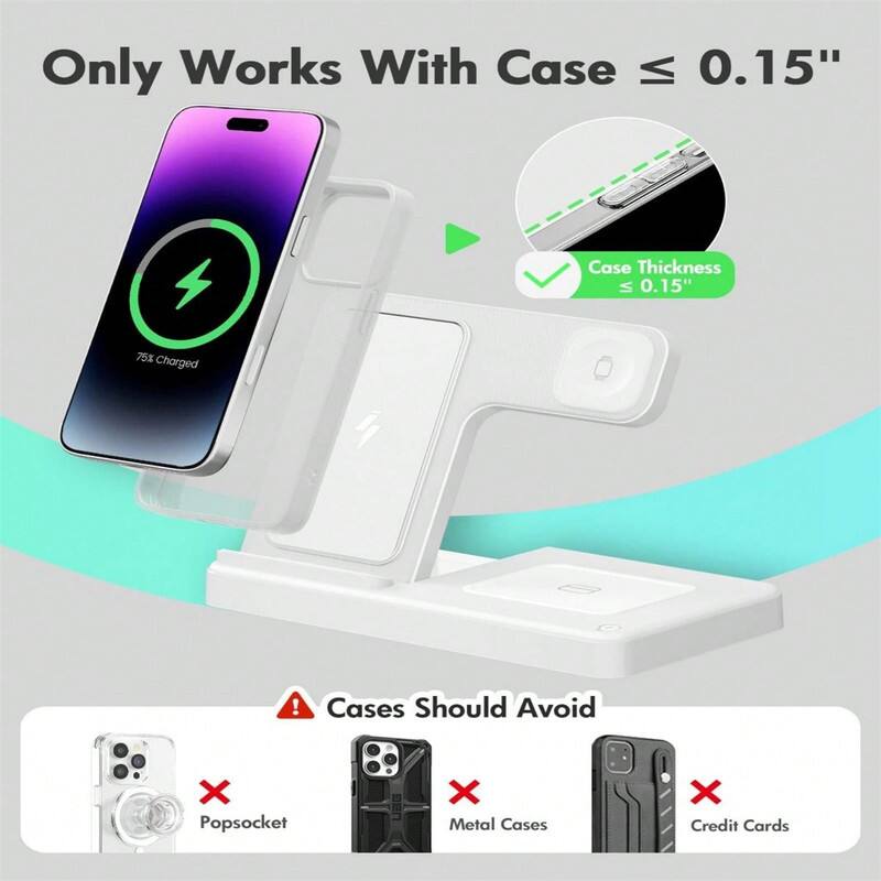 Only Works With Case ≤ 0.15"  
Case Thickness ≤ 0.15"  
75% Charged  

Cases Should Avoid  
Popsocket  
Metal Cases  
Credit Cards