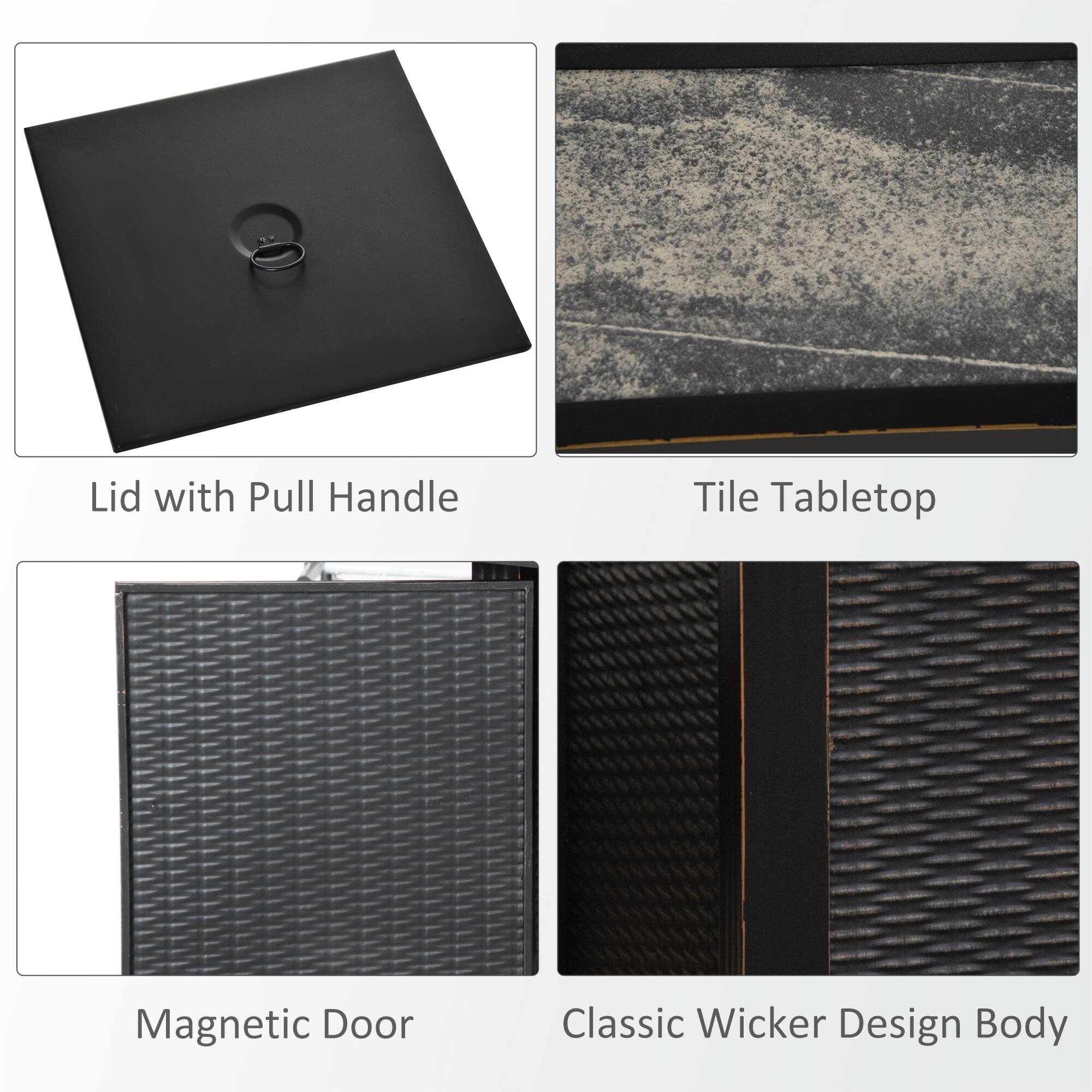 - Lid with Pull Handle
- Tile Tabletop
- Magnetic Door
- Classic Wicker Design Body