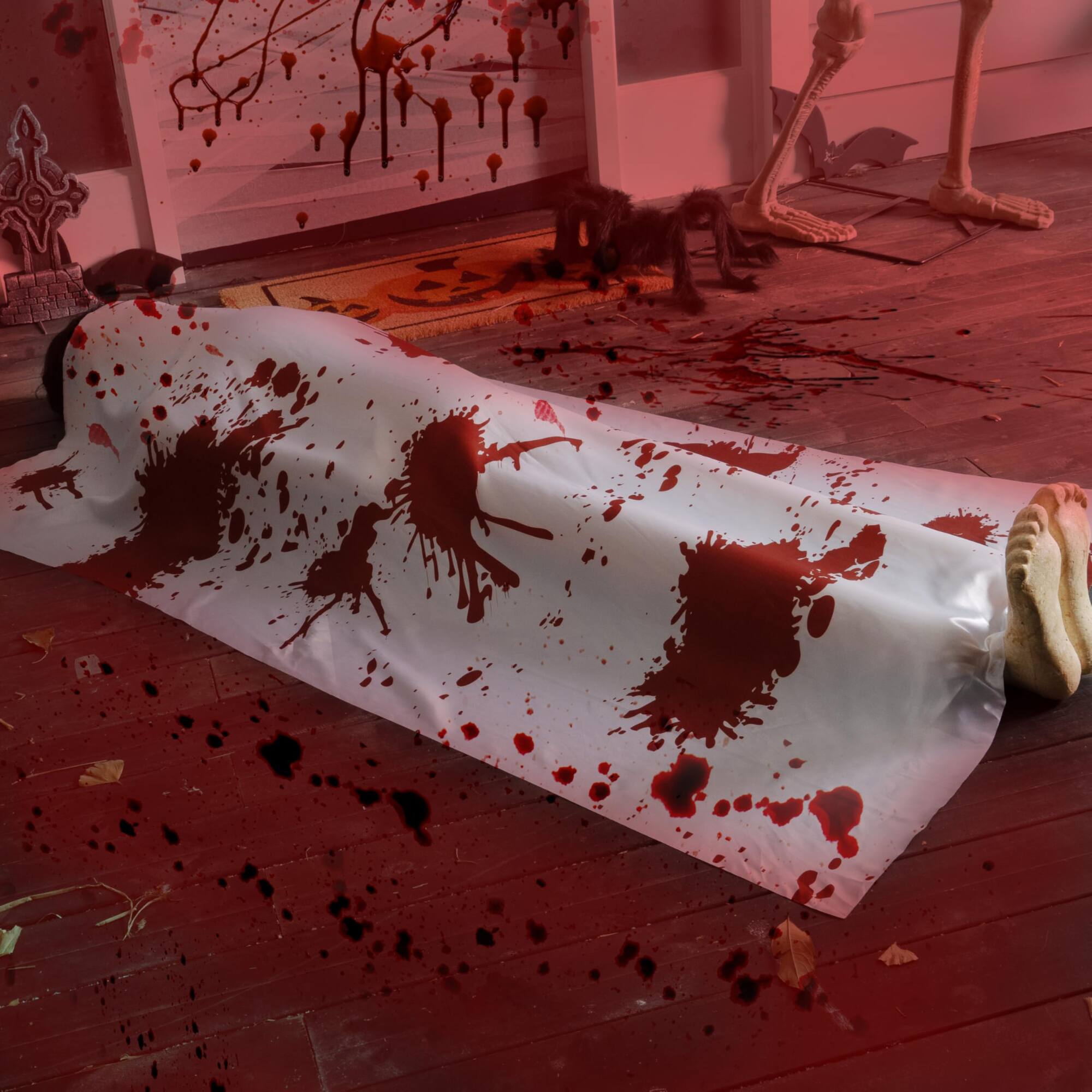 Left. Joyfy - 5 Ft Dead Body Covered with Bloody Cloth – Halloween Graveyard Corpse Prop for Haunted House, Crime Scene Party Outdoor - white.