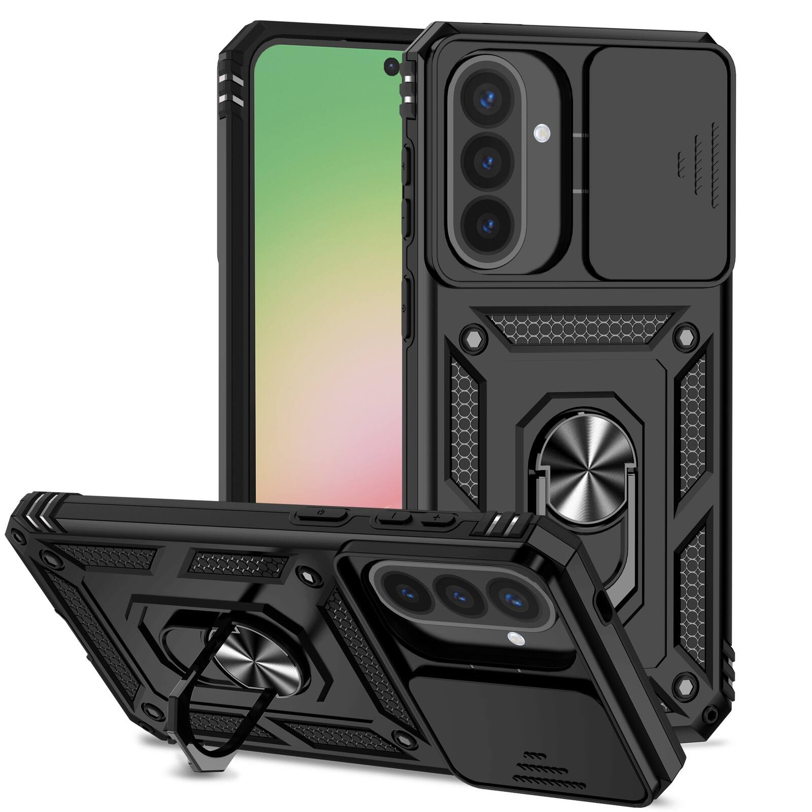 Left. UUCOVER - Rugged Protective Case for Samsung Galaxy A57 5G ,Shockproof TPU+PC Case Slide Camera Cover Ring Holder Stand Cover - Black.