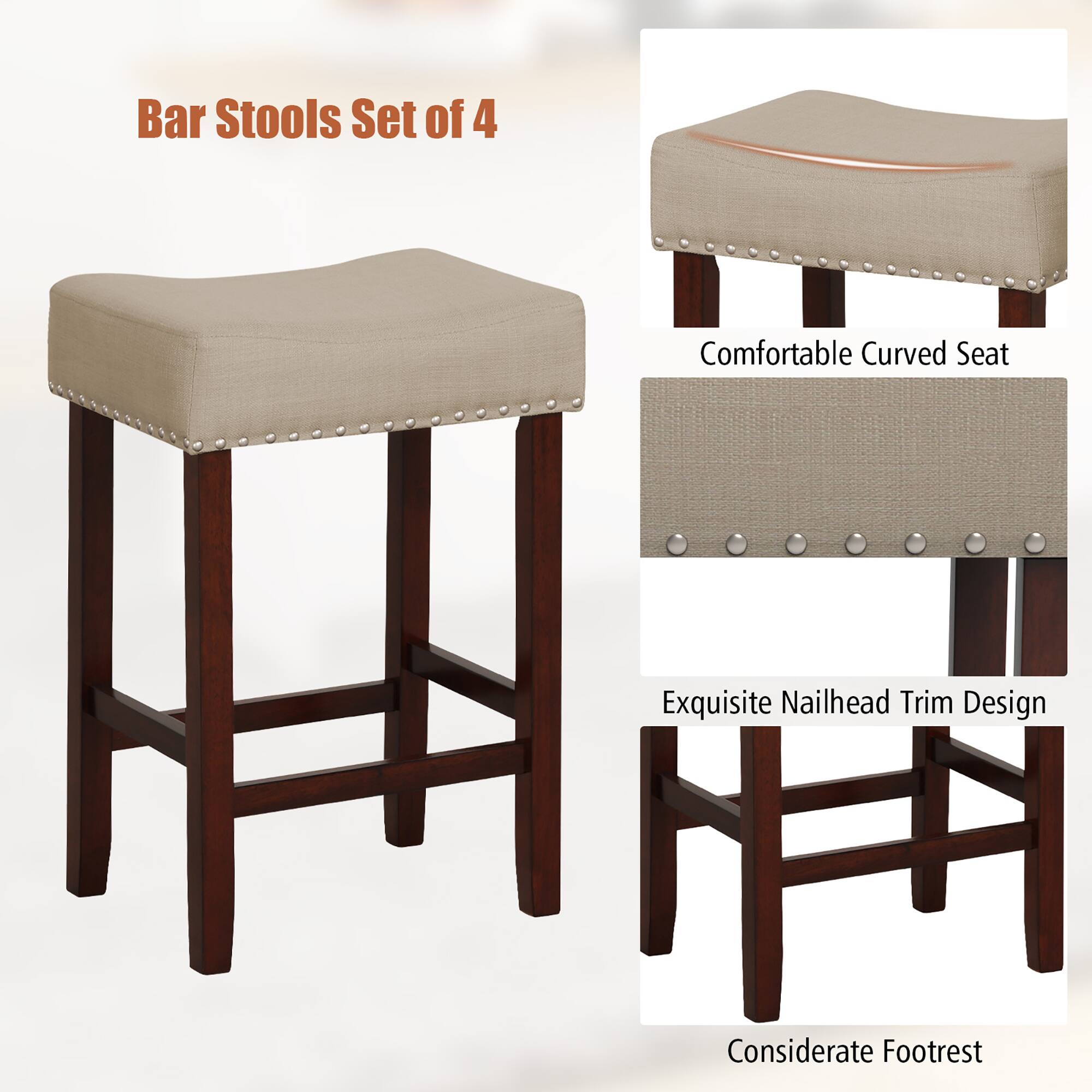 Bar Stools Set of 4

Comfortable Curved Seat
Exquisite Nailhead Trim Design
Considerate Footrest