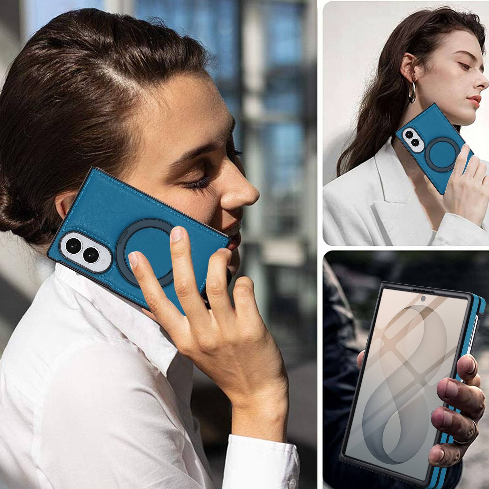 Alt View 3. Dteck - Shockproof Case for Samsung Galaxy Z Fold8 with Stand, Magnetic Leather Texture Rigid Plastic Cover Built in Screen Film - Blue.