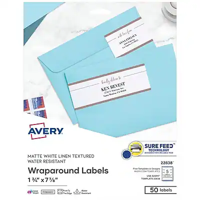 Sure, here is the corrected and grouped text from the image:
---
**Avery**
**MATTE WHITE LINEN TEXTURED WATER RESISTANT Wraparound Labels**
**1 3/4" x 7 1/2"**
**SURE FEED TECHNOLOGY**
**22938**
**50 labels**
**Product Templates: 5 per sheet**
**Templates per sheet: 5**
**Water Resistant**
**First Template Location: 0.25" from top, 0.25" from left**
**PERMANENT**
**Avery Templates: 22938**
**Avery.com**
**Avery**
**Avery**
---
**Example Labels:**
- **Avery**
- **Avery**
---
**Product Details:**
- **Matte White Linen Textured**
- **Water Resistant**
- **Wraparound Labels**
- **1 3/4" x 7 1/2"**
- **50 labels per sheet**
---
**Additional Information:**
- **Sure Feed Technology**
- **Water Resistant**
- **Permanent**
---
**Avery**
---
**Avery**
---
**Avery**
---
**Avery**
---