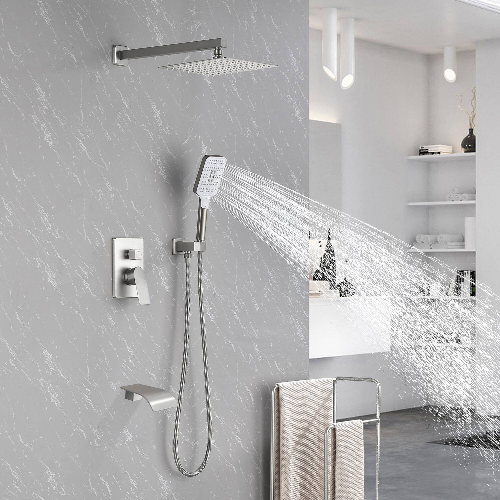 Alt View 3. Boyel Living - Brushed Nickel Shower Set Brass SUS304 3-Function Valve 10-Inch Top Spray 3-Function Handheld cUPC - Silver.