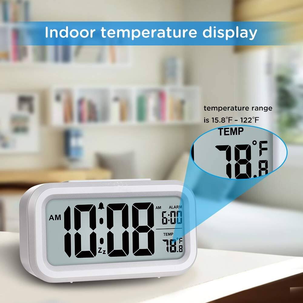 Indoor temperature display

AM 10:08  
Zz  
TEMP 78.8°F  

AM ALARM 6:00  
TEMP 78.8°F  

temperature range is 15.8°F - 122°F