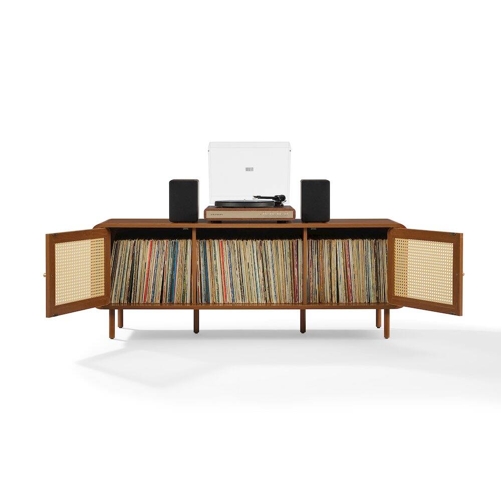 Alt View 3. Crosley Furniture - Nora Modern Record Player Cabinet With Vinyl Storage, Rattan Turntable Stand - Gray.