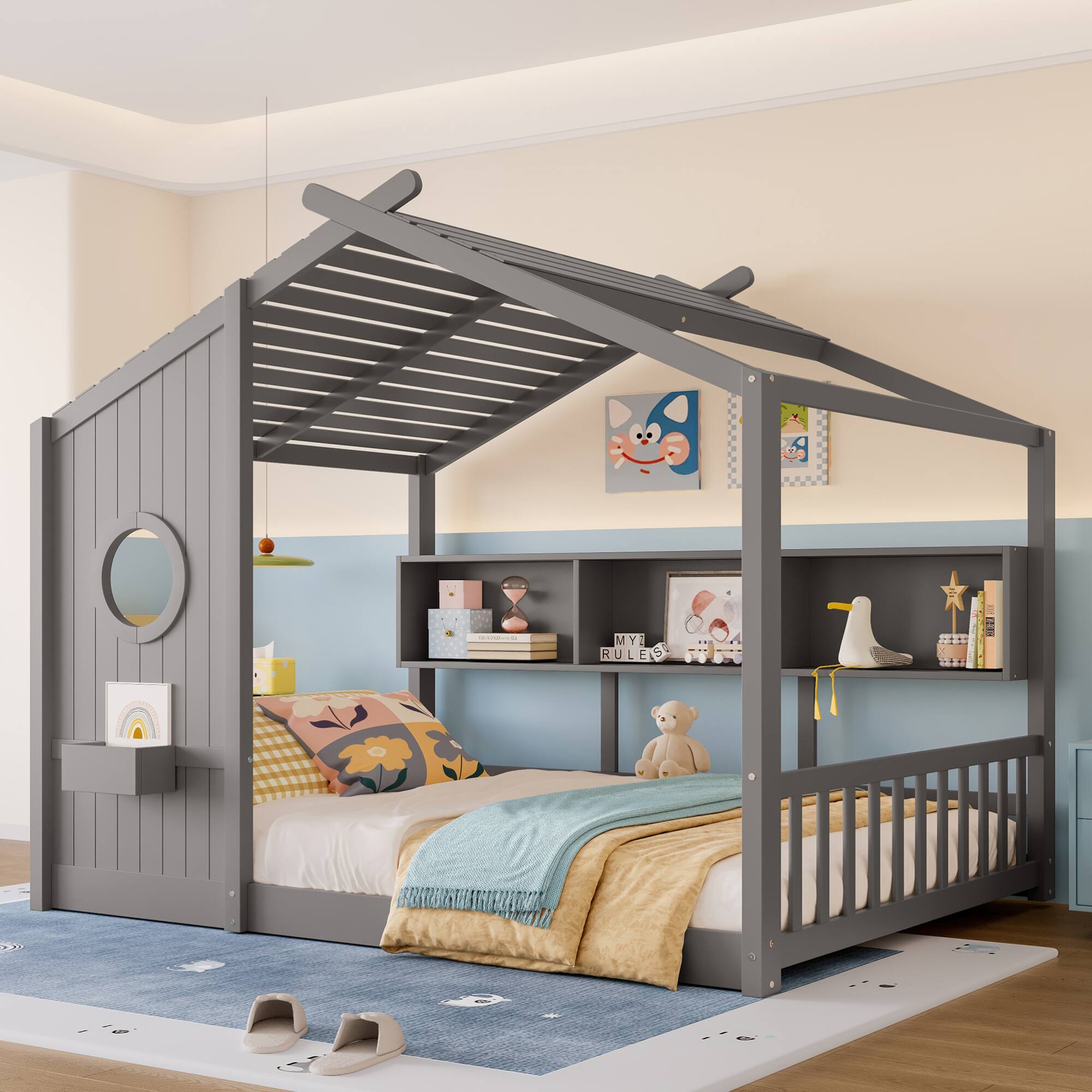 Angle. GOODSILO - Montessori Floor House Bed for Toddlers with Storage Shelf and Playhouse Roof Design - Gray.