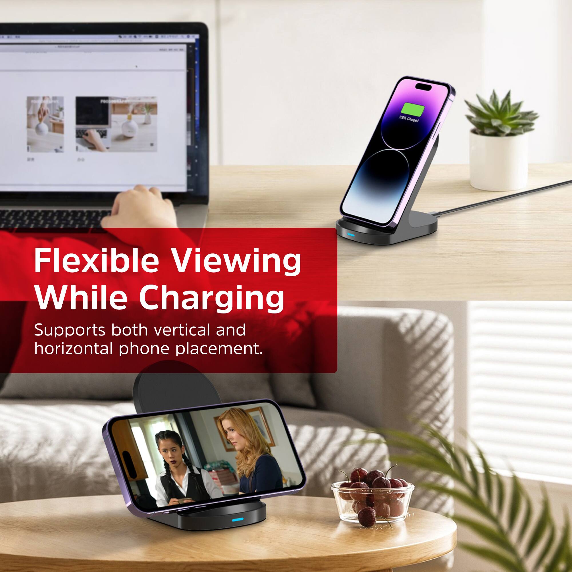 Flexible Viewing While Charging: Supports both vertical and horizontal phone placement.