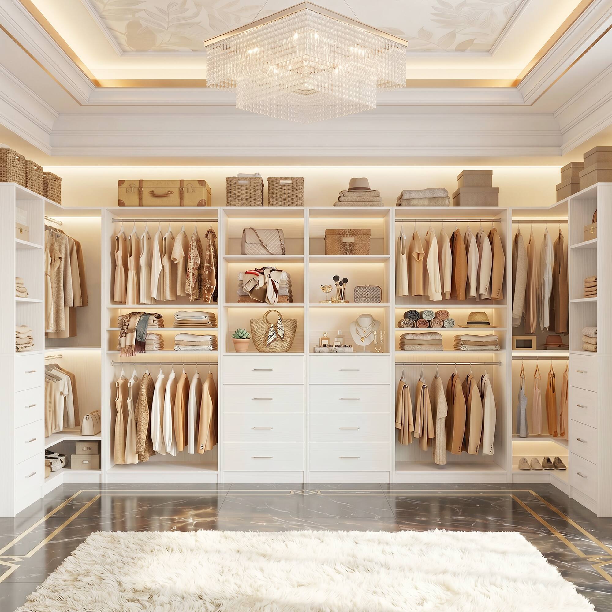 Back. Aheaplus - 57.3'' W 2-Piece Closet Organizer System with Drawers and Hanging Rods - White.