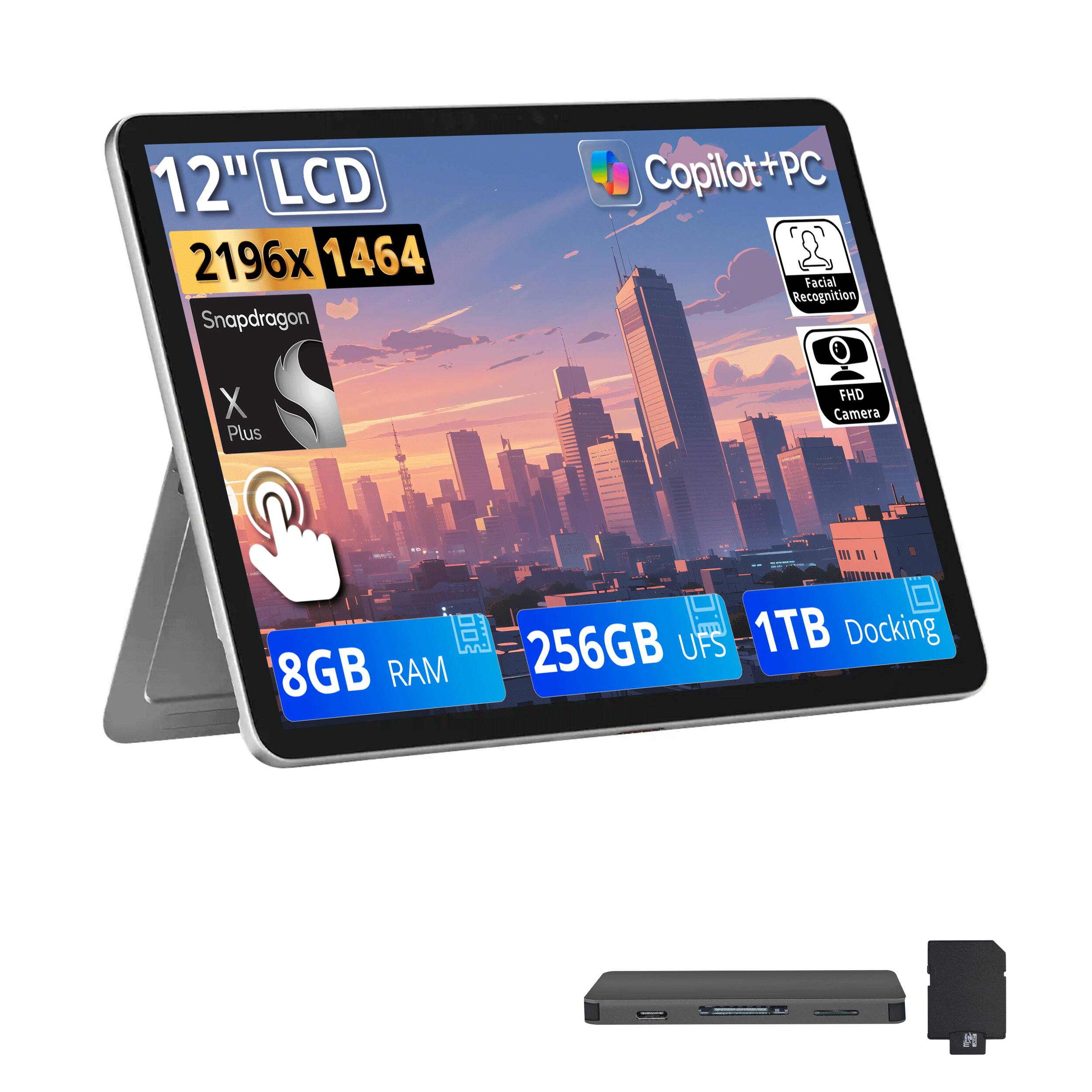 12" LCD 2196x1464 Snapdragon  
Copilot+PC Facial Recognition  
X Plus  
FHD Camera  
8GB RAM  
256GB UFS  
1TB Docking