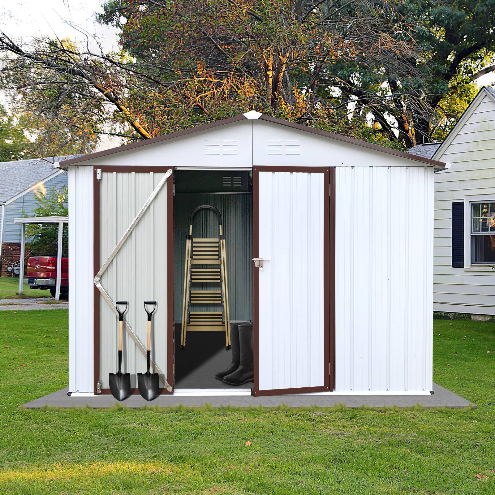 Angle. Mondawe - 8x10 FT Metal Garden Sheds Outdoor Storage Sheds - White.