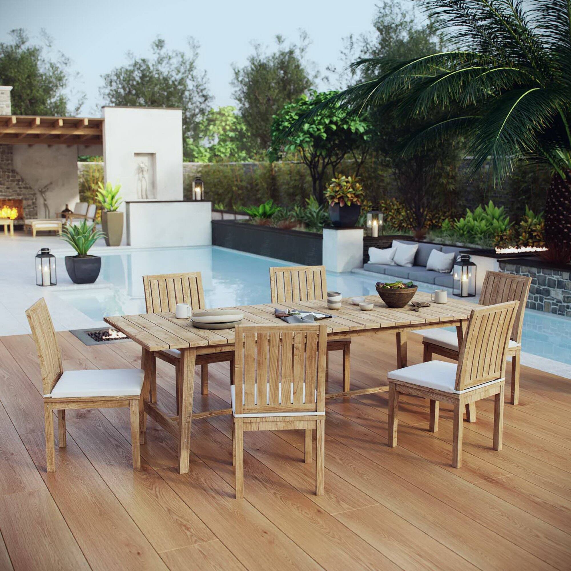 Alt View 3. Modway - Marina 7-Piece Outdoor Teak Patio Dining Set - Natural White.