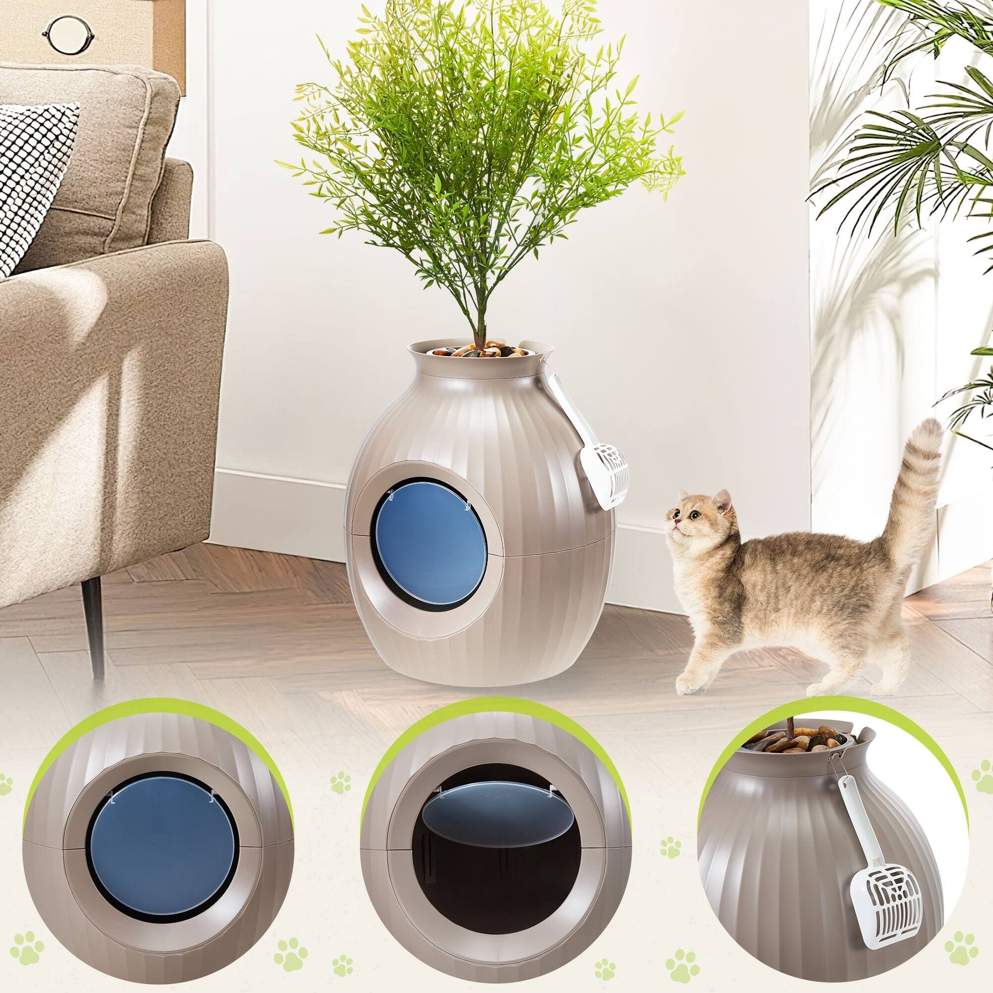 Alt View 1. U-HOMY - Modern Hidden Cat Litter Box Furniture, Decorative Planter Cat Enclosure with Odor Filter & Optional LED Lights - Brown - With LED.