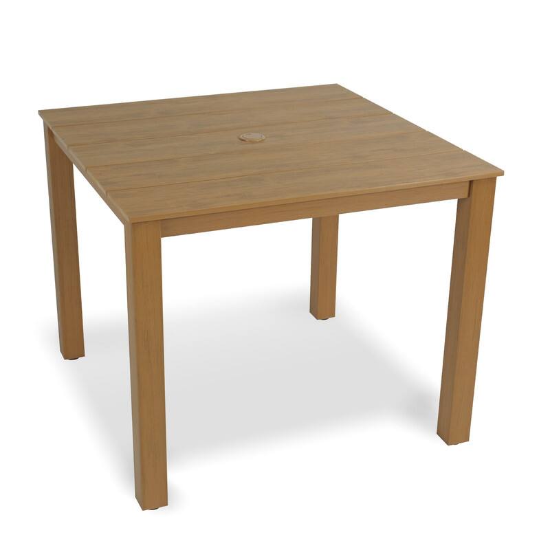 Fortune Candy - 36.2" HIPS Outdoor Dining Table, Poly Patio Dining Table with Umbrella Hole, All Weather Resistant for Garden Yard - Teak Tone