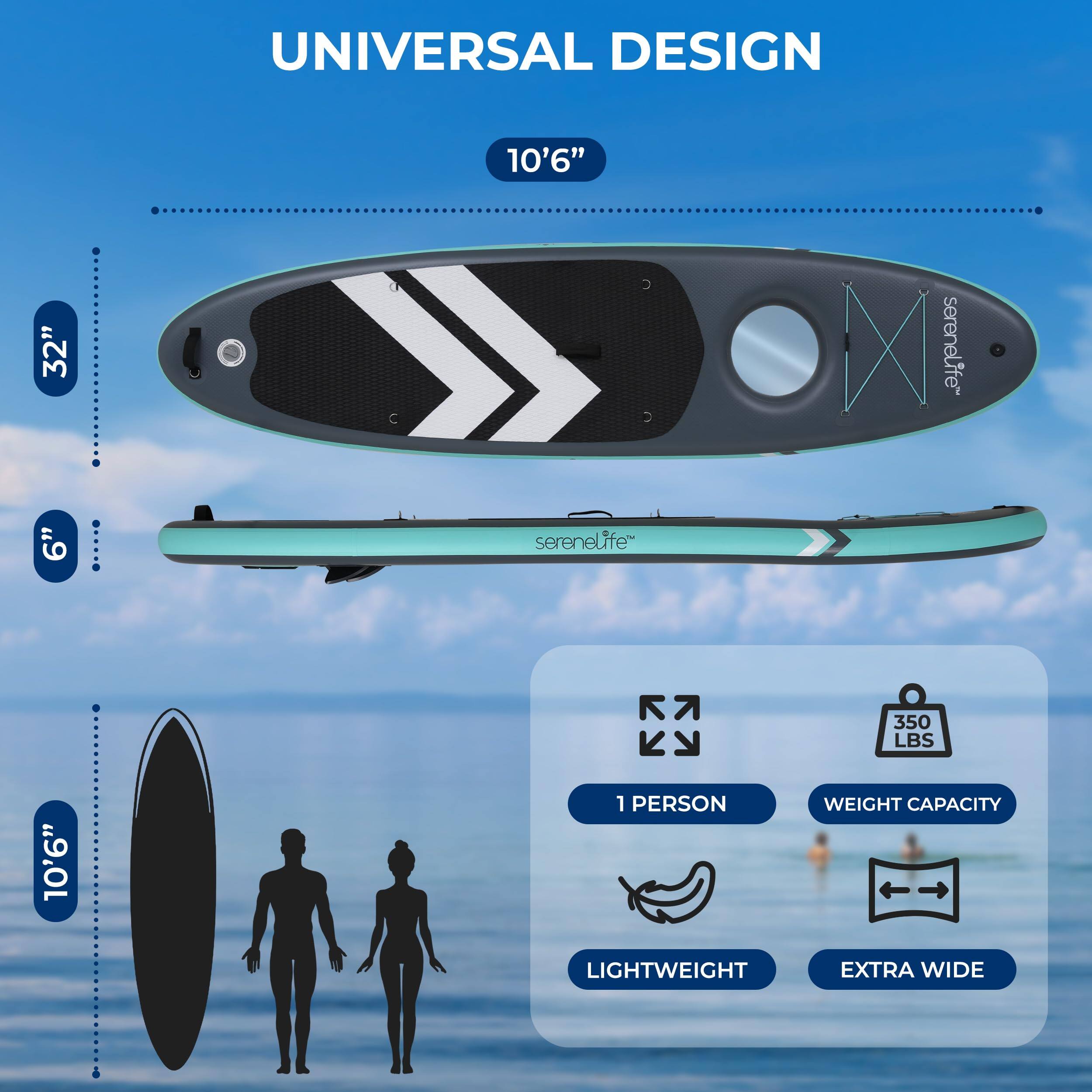 UNIVERSAL DESIGN  
10'6"  
32"  
3"  
serenelife  
10'6"  
1 PERSON  
350 LBS  
LIGHTWEIGHT  
EXTRA WIDE