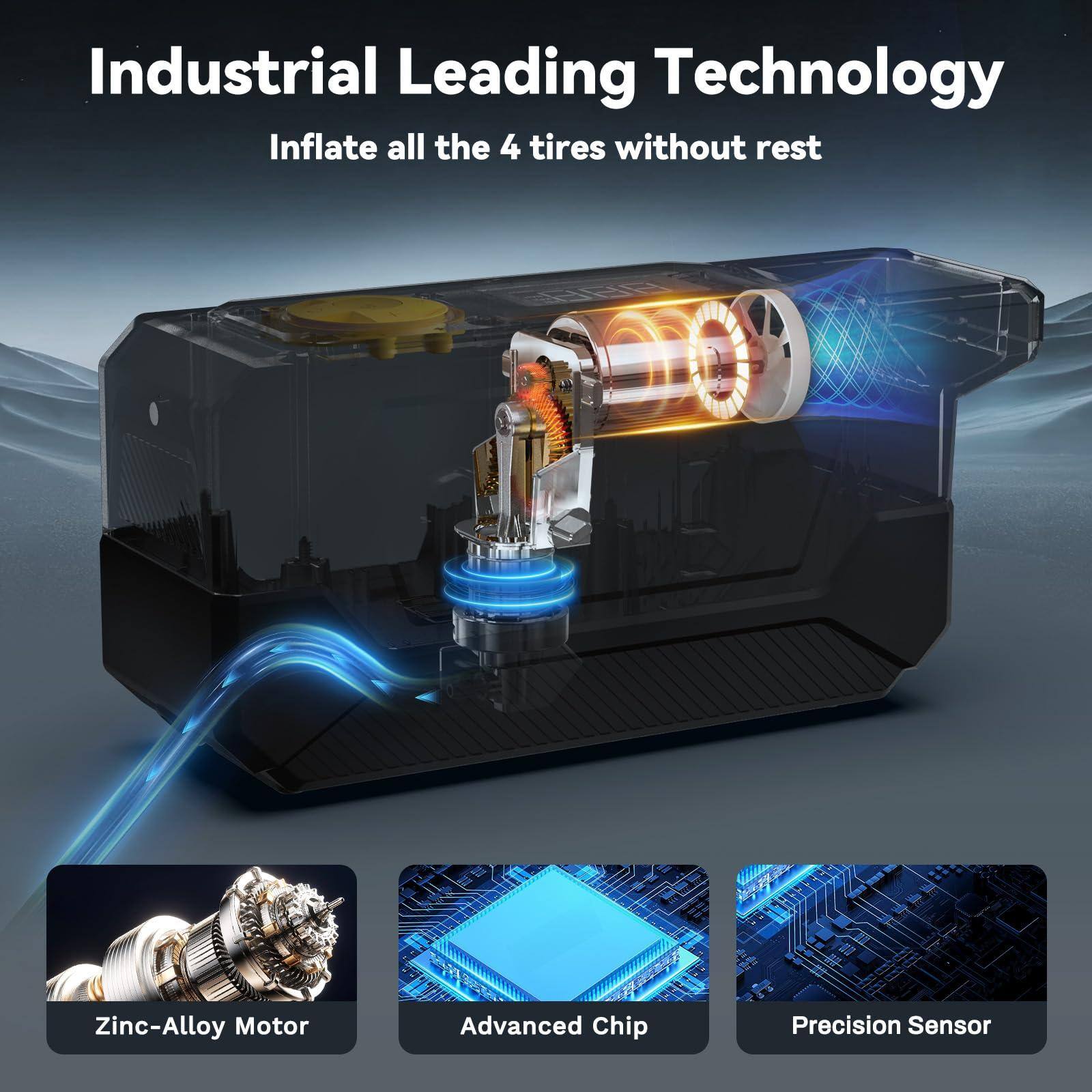 Industrial Leading Technology  
Inflate all the 4 tires without rest  

Zinc-Alloy Motor  
Advanced Chip  
Precision Sensor