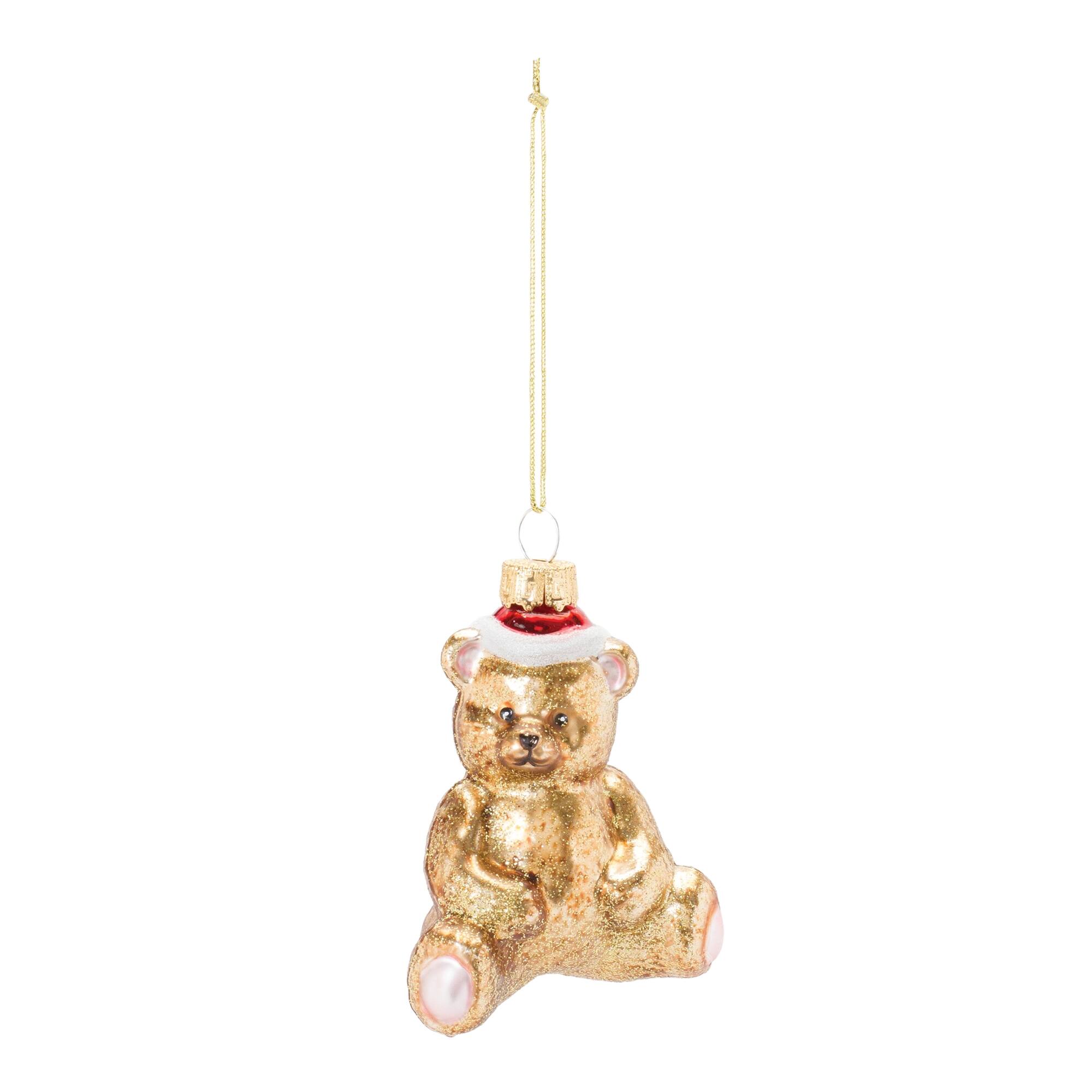 Angle. BreeBe - Glass Teddy Bear Ornament (Set of 12) - Gold, Red.