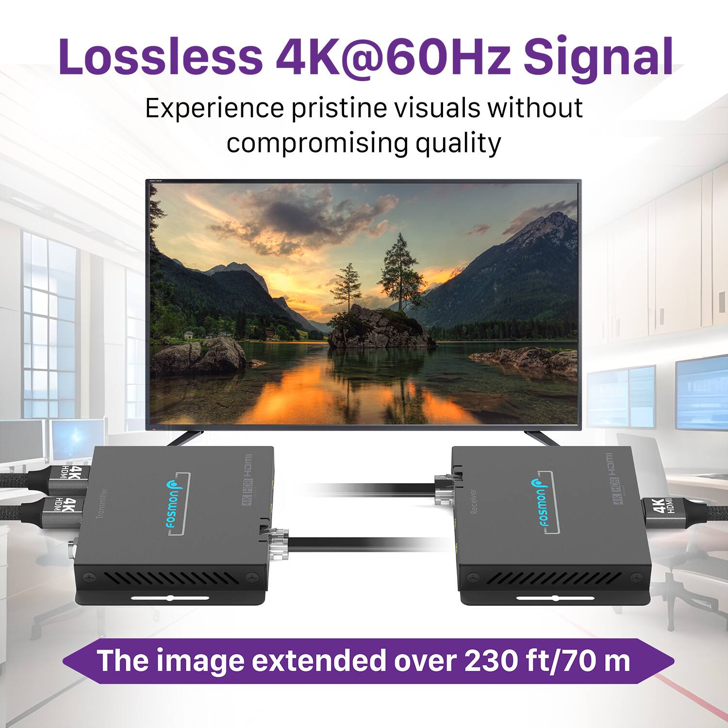 Lossless 4K@60Hz Signal
Experience pristine visuals without compromising quality
The image extended over 230 ft/70 m
