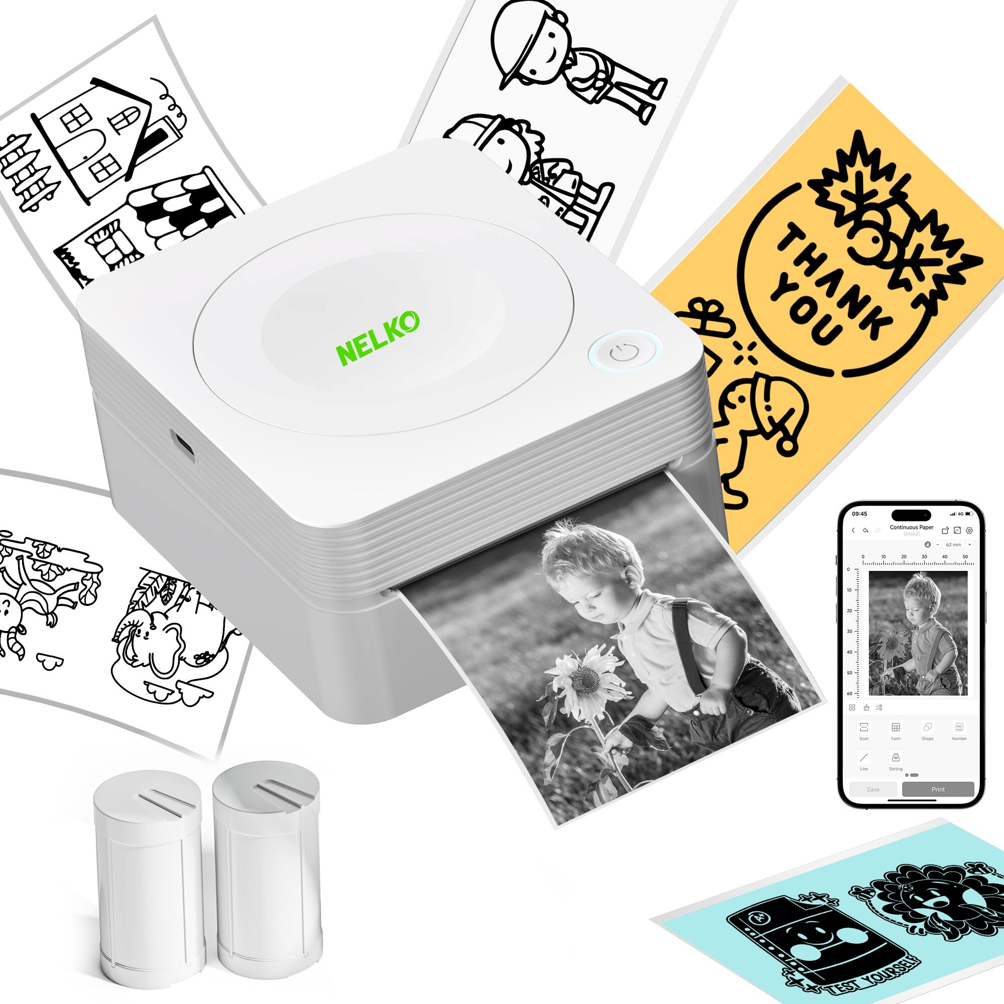 Nelko - PM230 Portable Bluetooth Thermal Sticker Printer with 2 rolls-54mm*3.5m - White