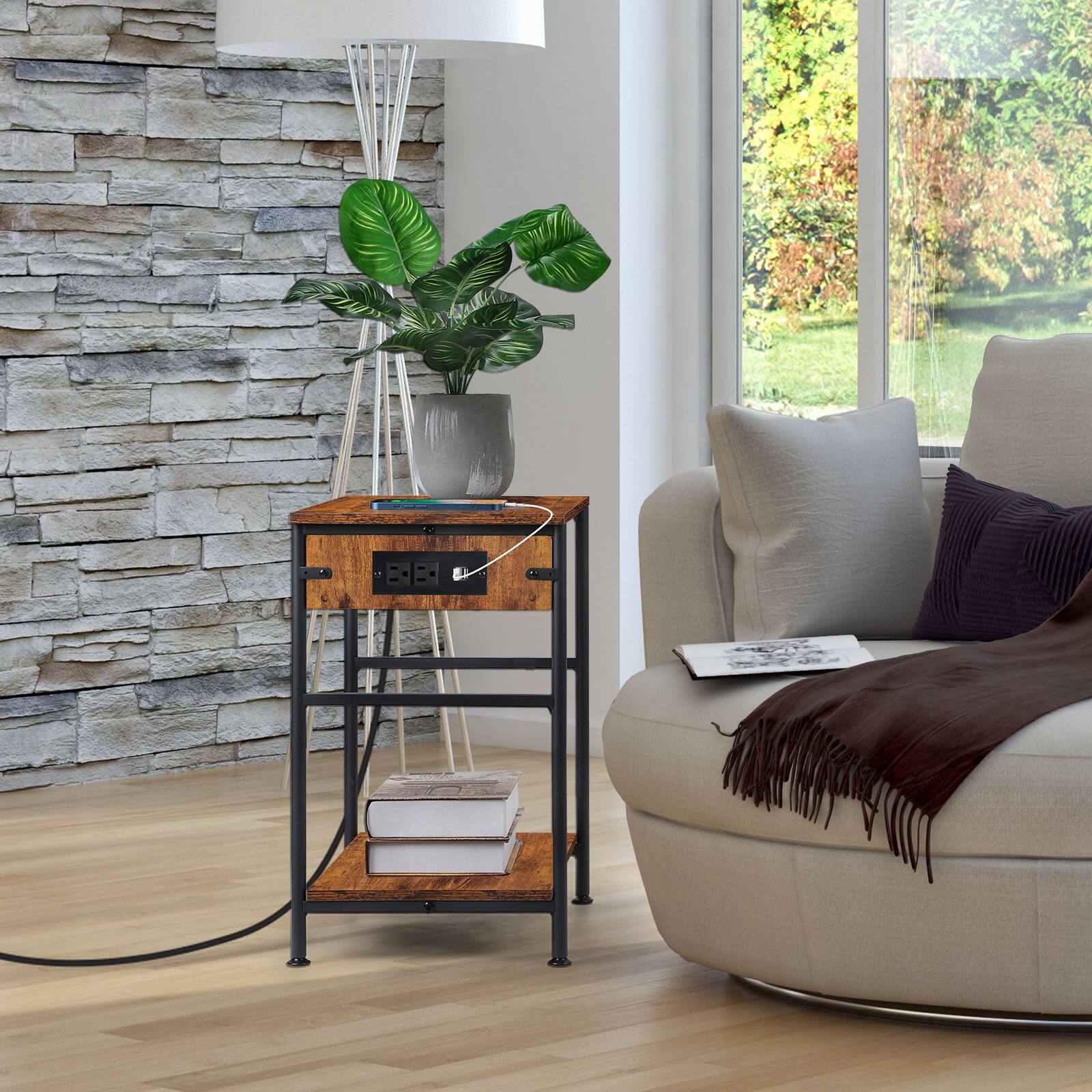 Back. Oumilen - Rustic Brown 2-Tier End Table with Built-in Charging Station - Brown.